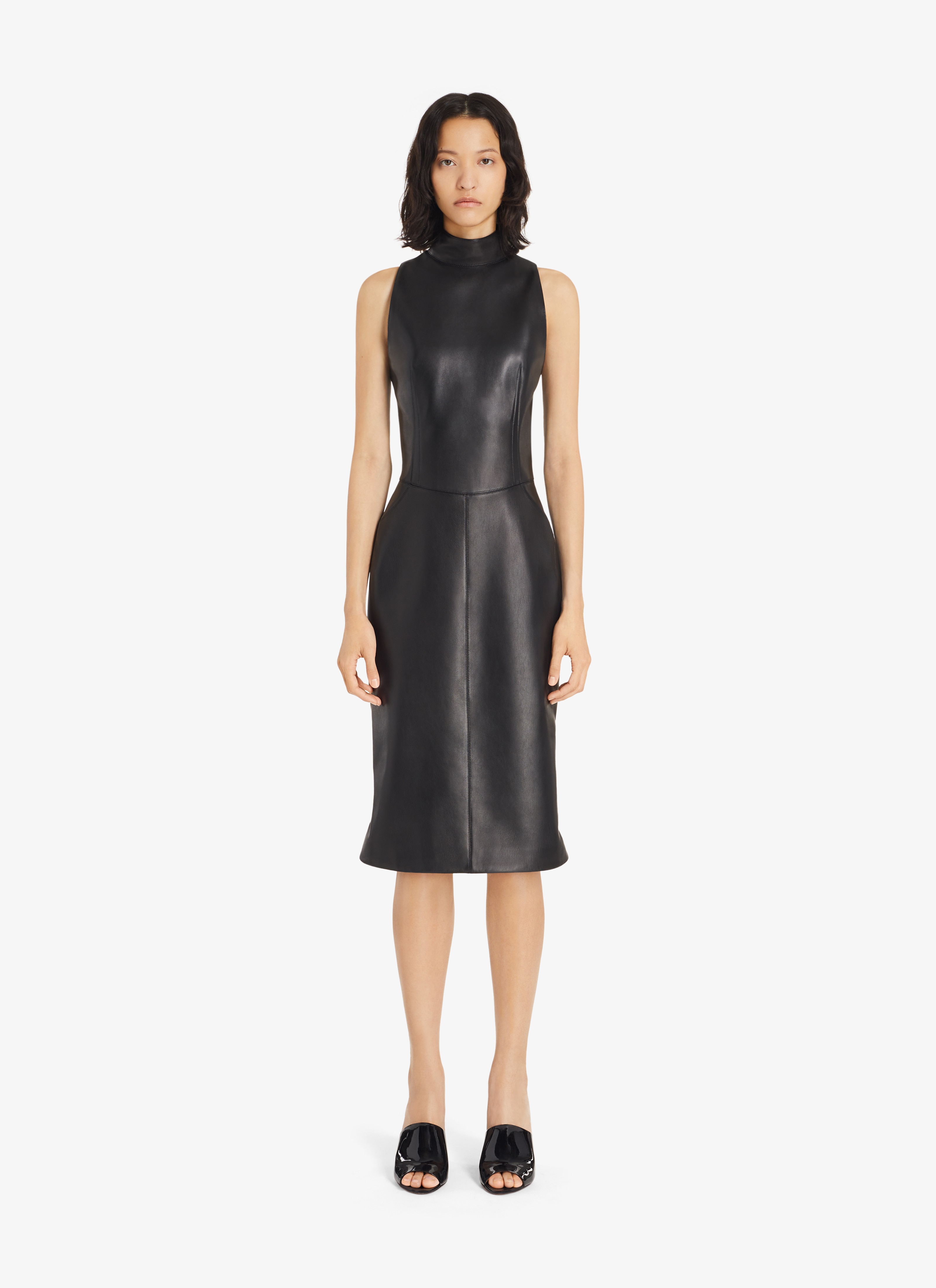 ALAÏA BLACK LEATHER TUBE MIDI-DRESS