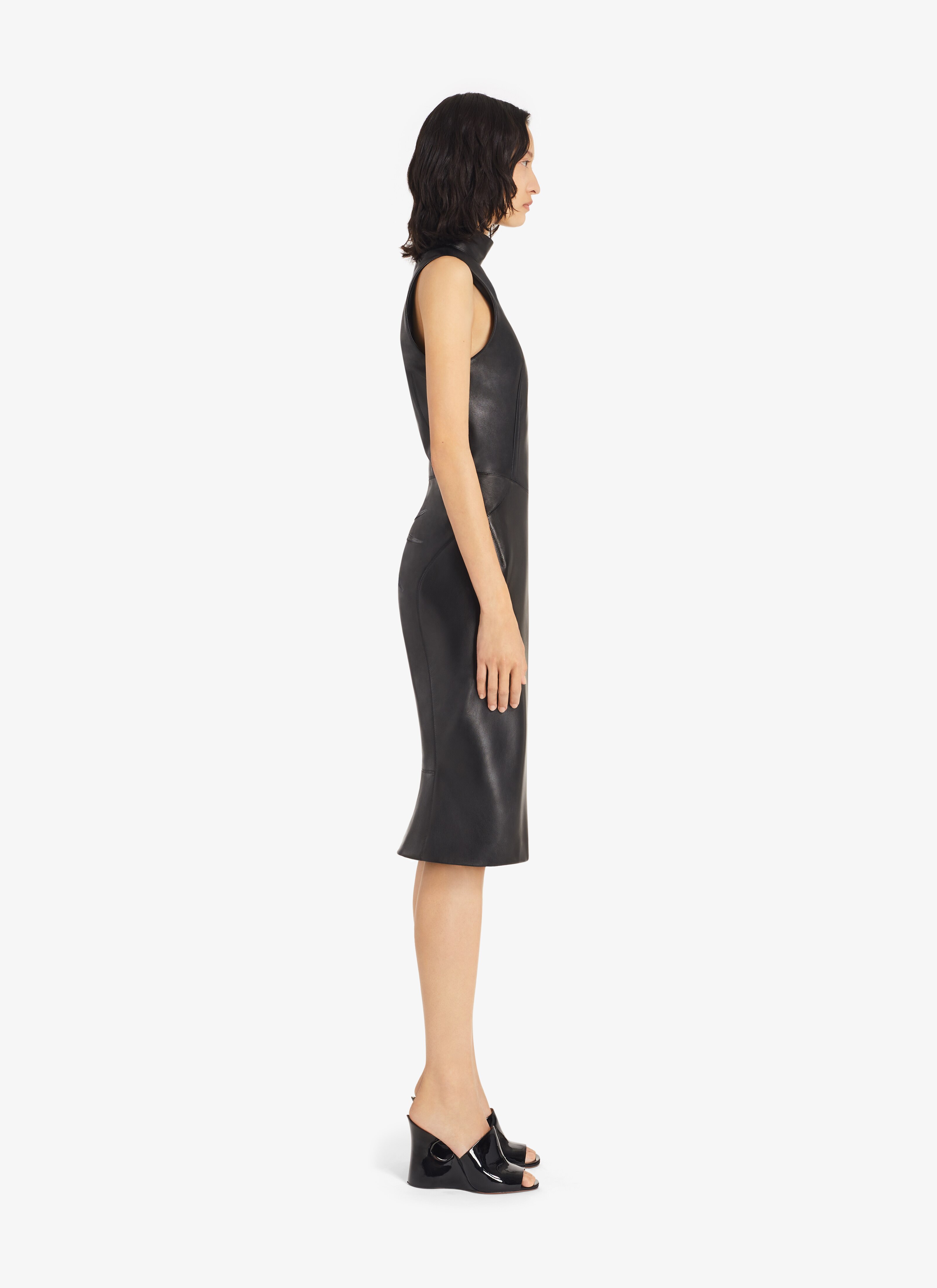 ALAÏA BLACK LEATHER TUBE MIDI-DRESS