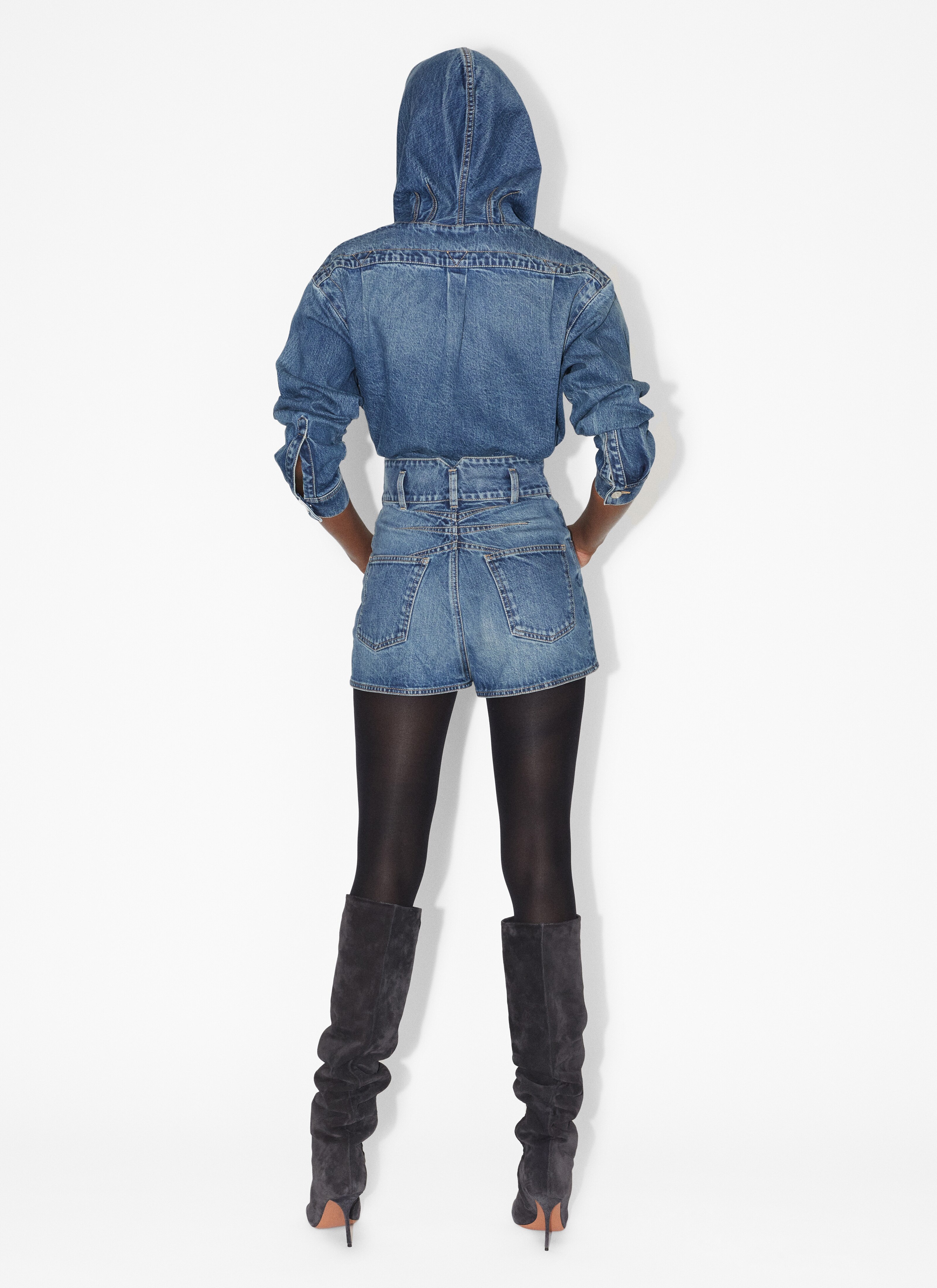 ALAÏA BODY EN DENIM À CAPUCHE BLEU