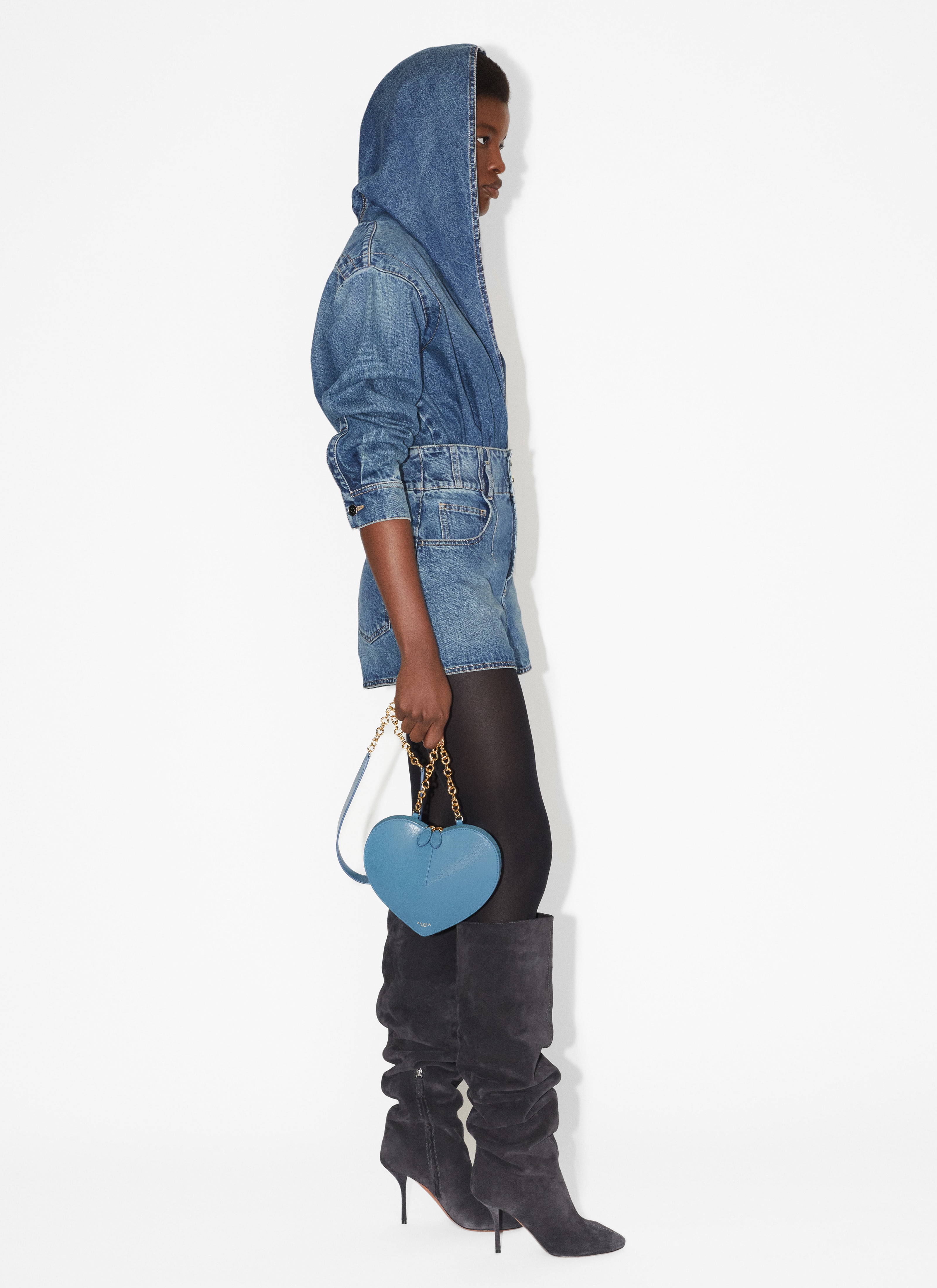 ALAÏA BODY EN DENIM À CAPUCHE BLEU