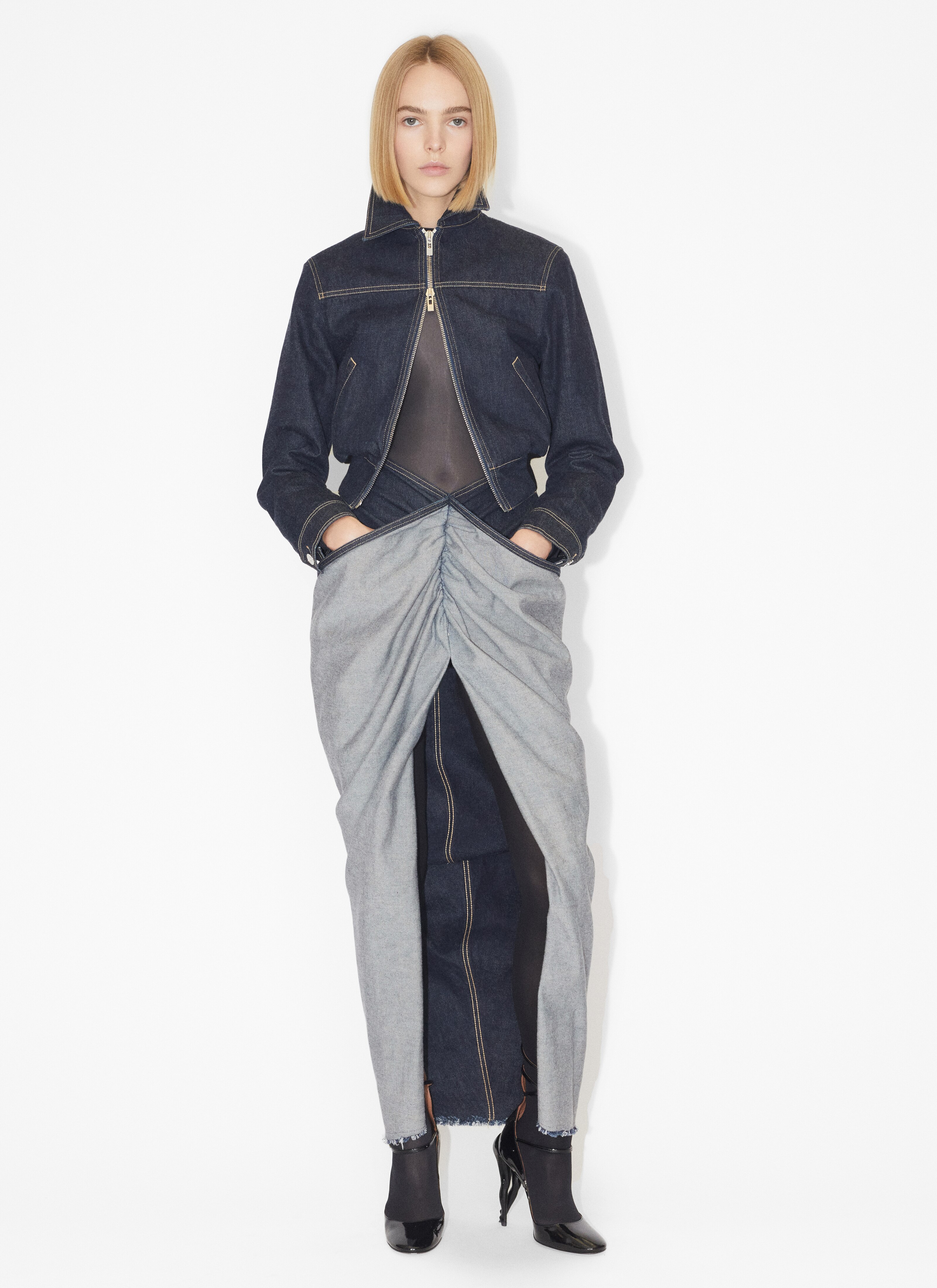 ALAÏA BLUE DRAPED DENIM SKIRT