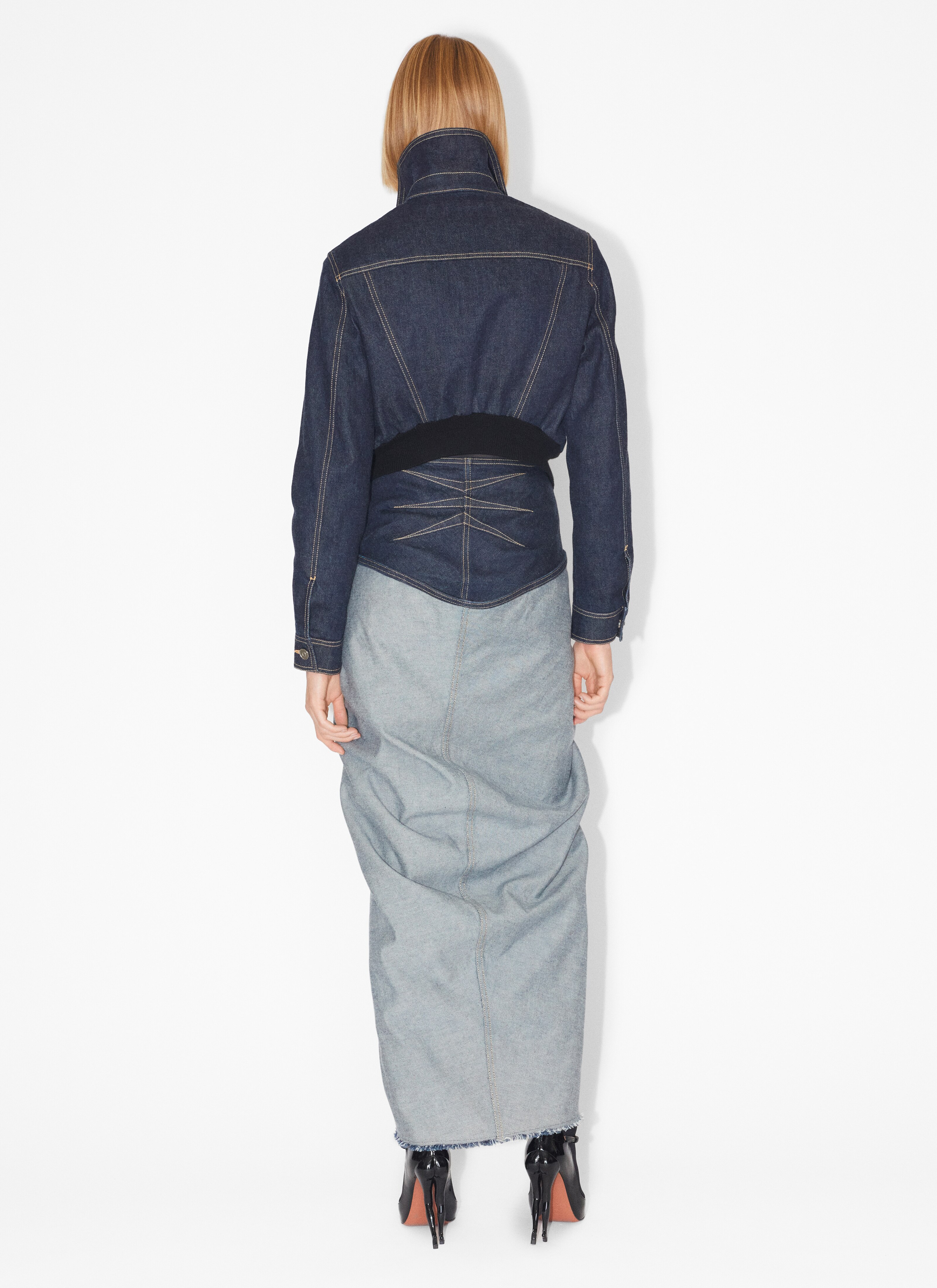 ALAÏA BLUE DRAPED DENIM SKIRT