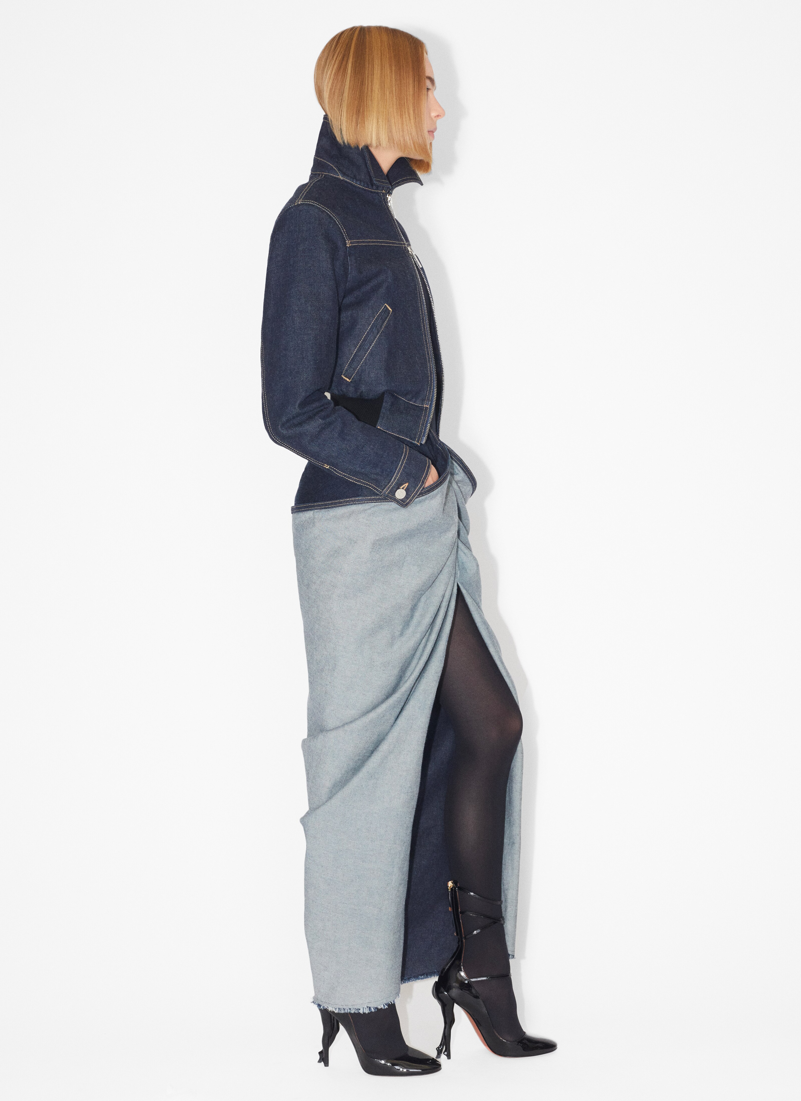 ALAÏA BLUE DRAPED DENIM SKIRT