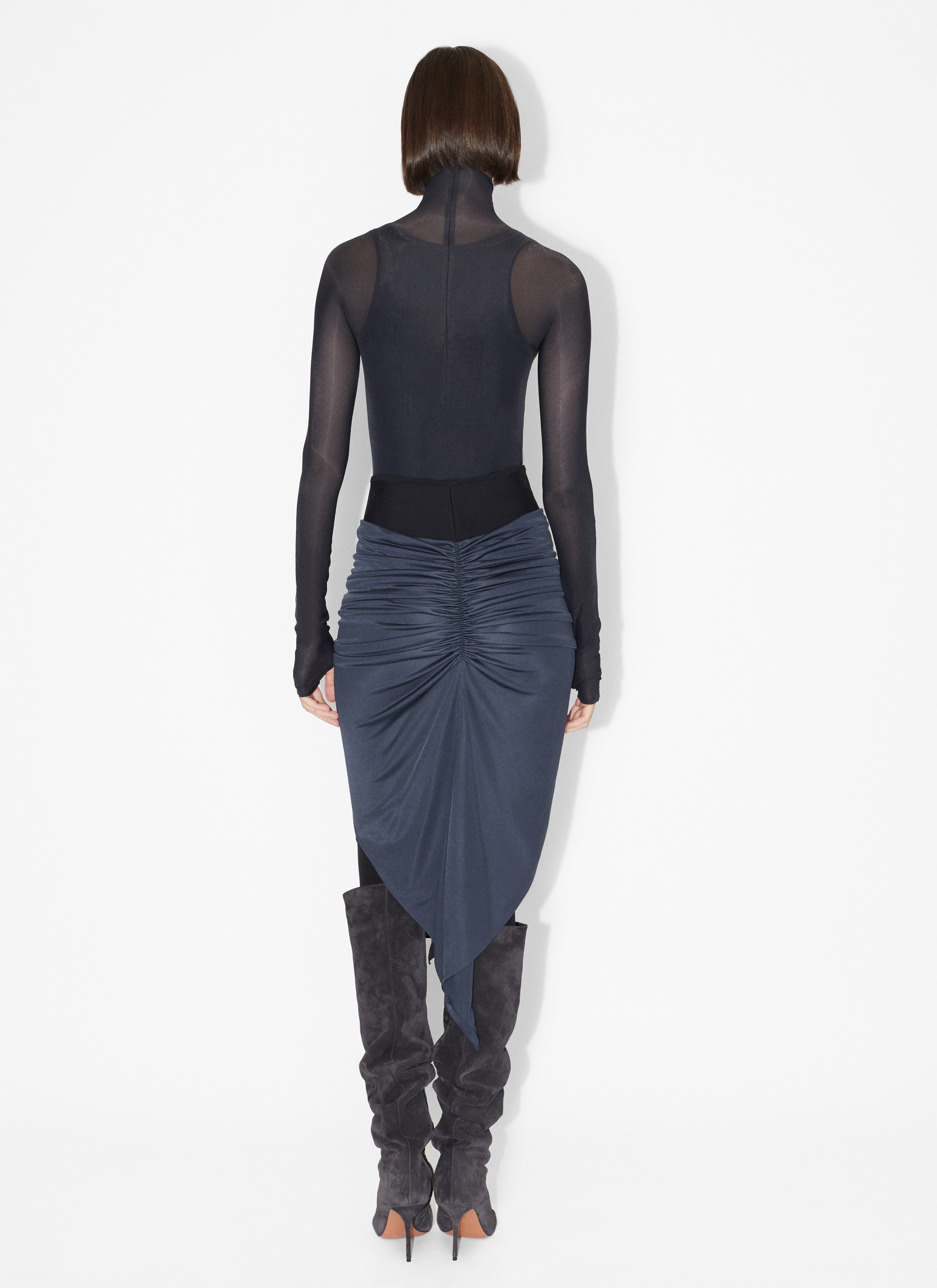 ALAÏA BLUE MIDI DRAPED ASYMMETRICAL SKIRT
