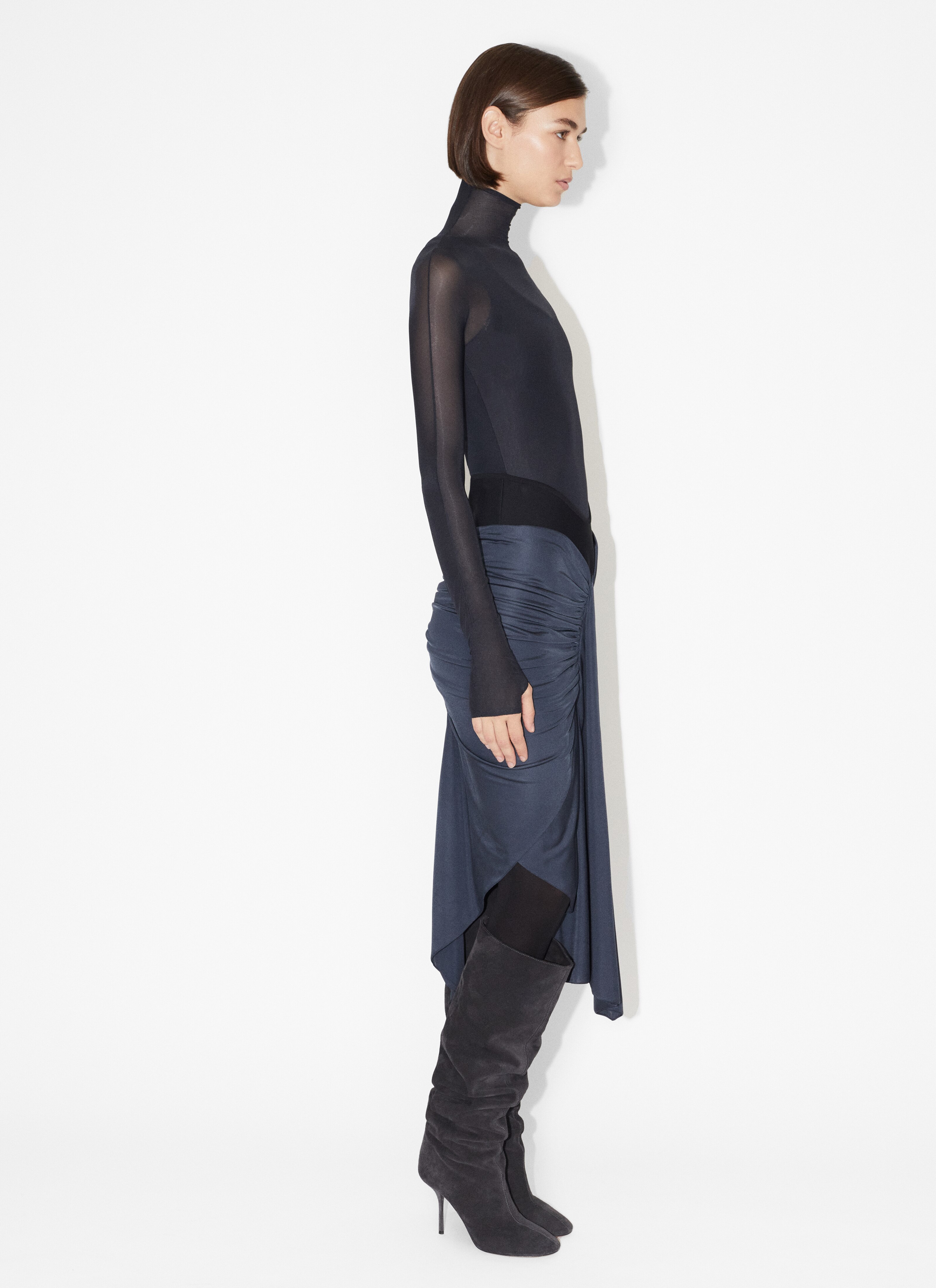 ALAÏA BLUE MIDI DRAPED ASYMMETRICAL SKIRT
