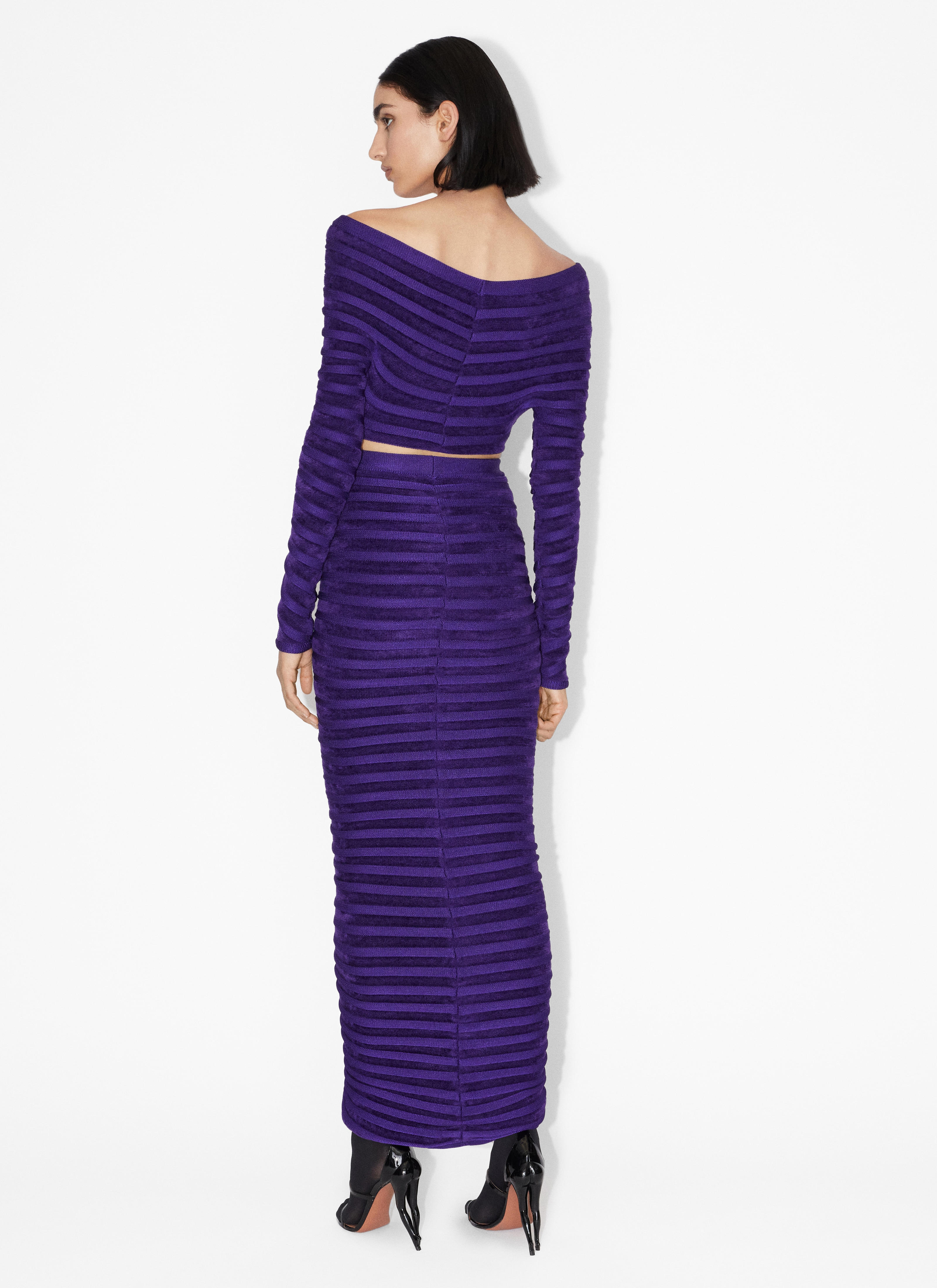 ALAÏA PURPLE FITTED MAXI VELVET SKIRT 