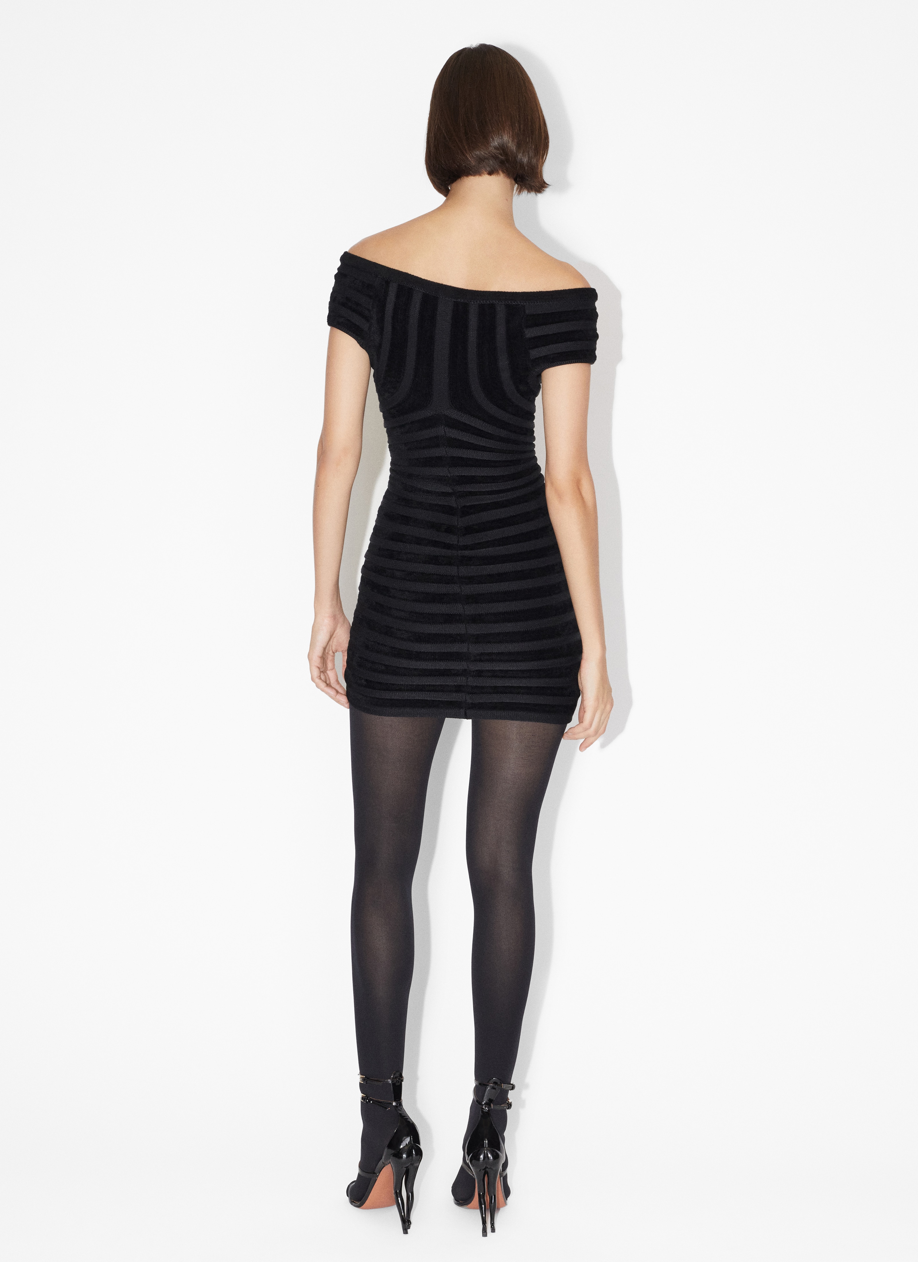 ALAÏA BLACK OFF-SHOULDER VELVET DRESS