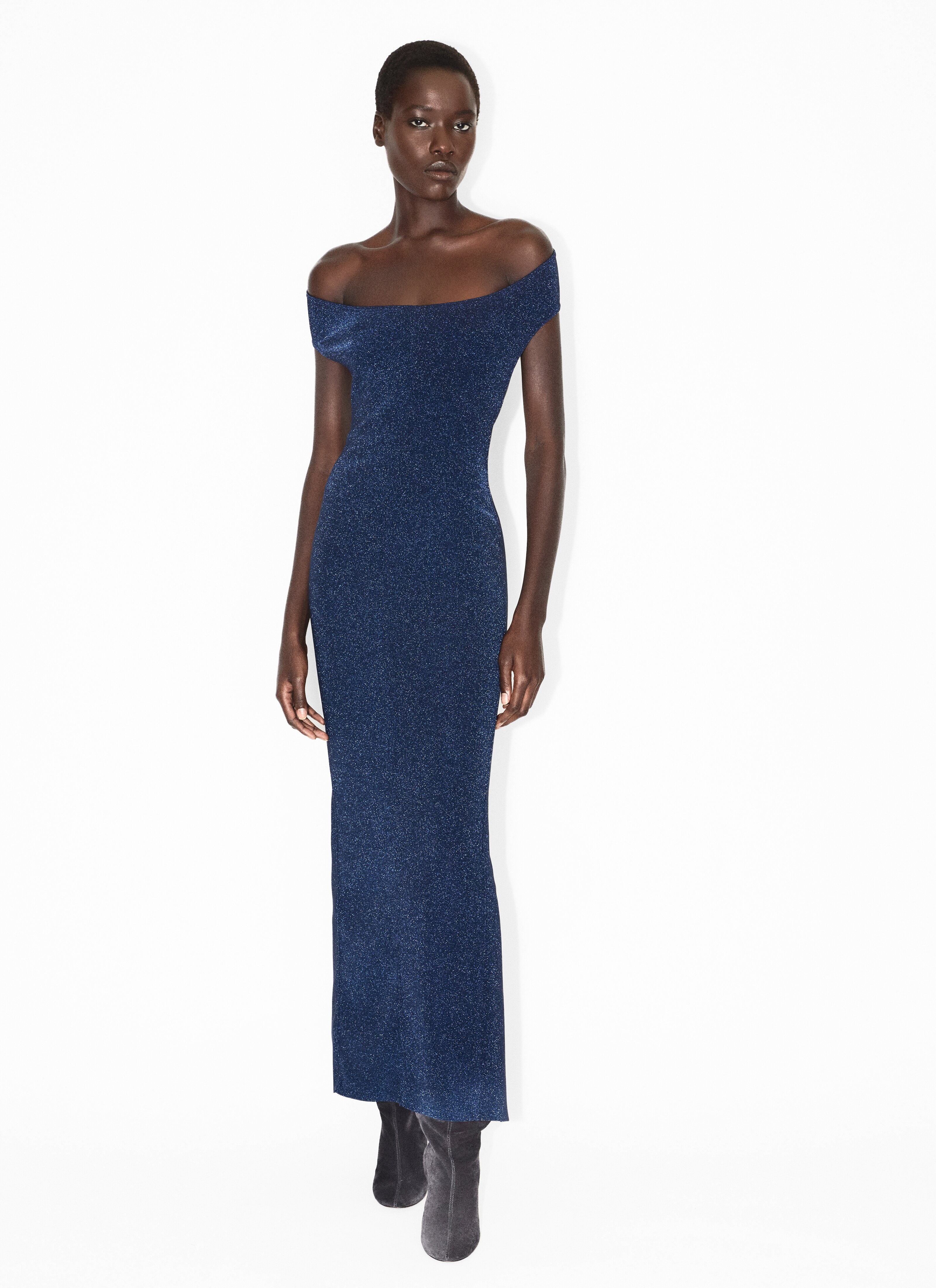 ALAÏA BLUE LUREX OFF-SHOULDER GOWN