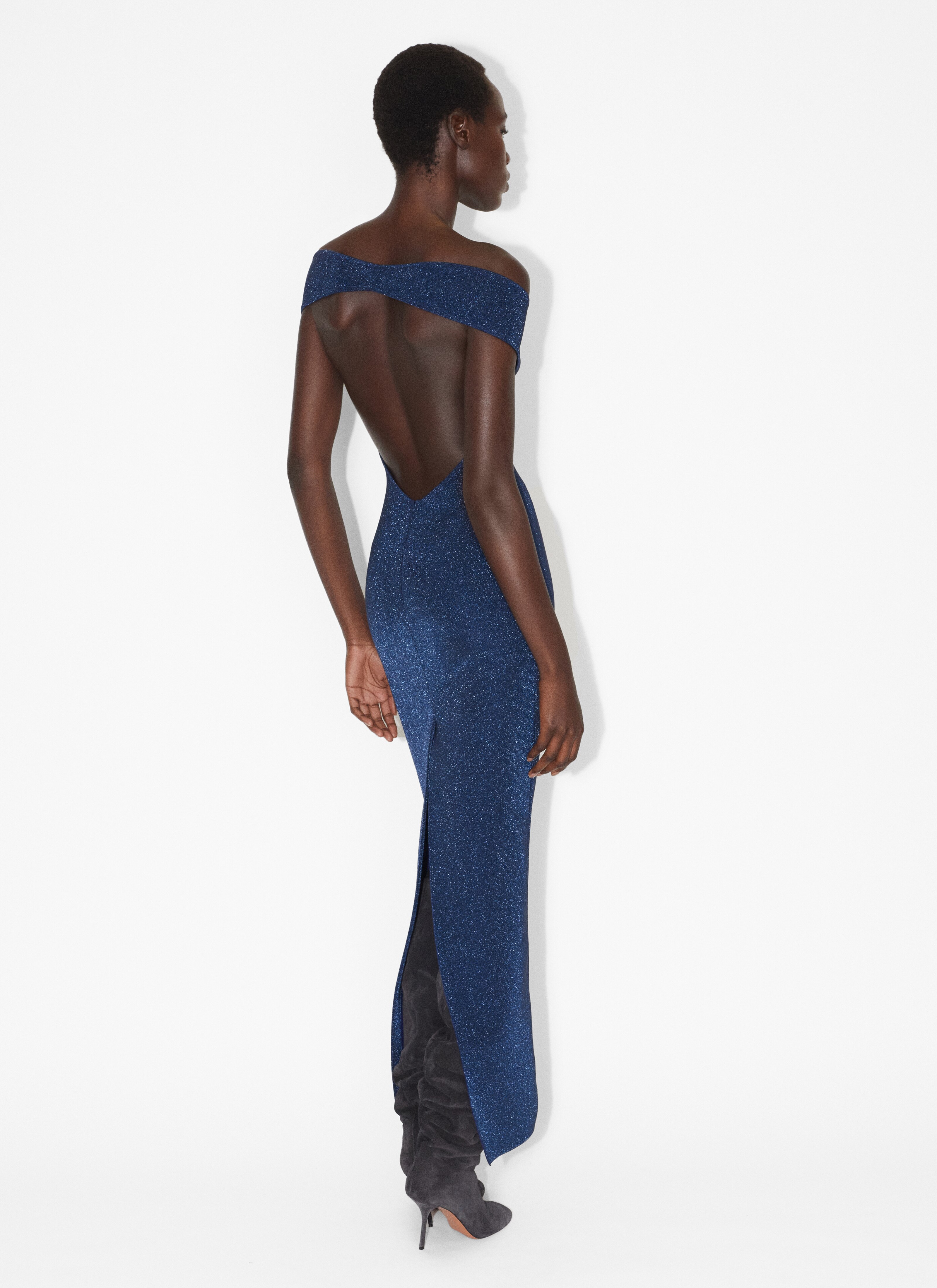 ALAÏA BLUE LUREX OFF-SHOULDER GOWN