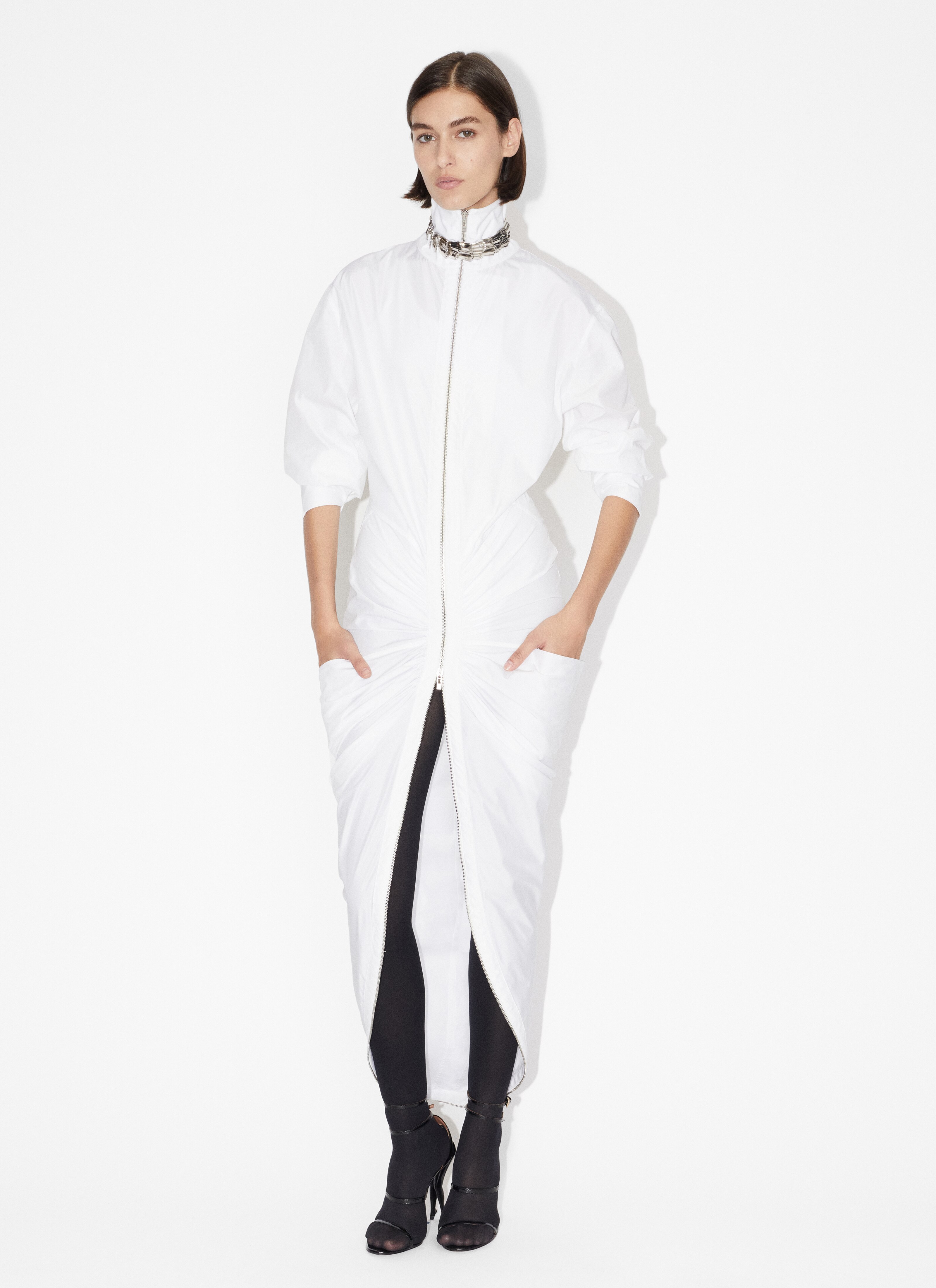 ALAÏA WHITE MAXI ZIPPED DRESS IN POPLIN