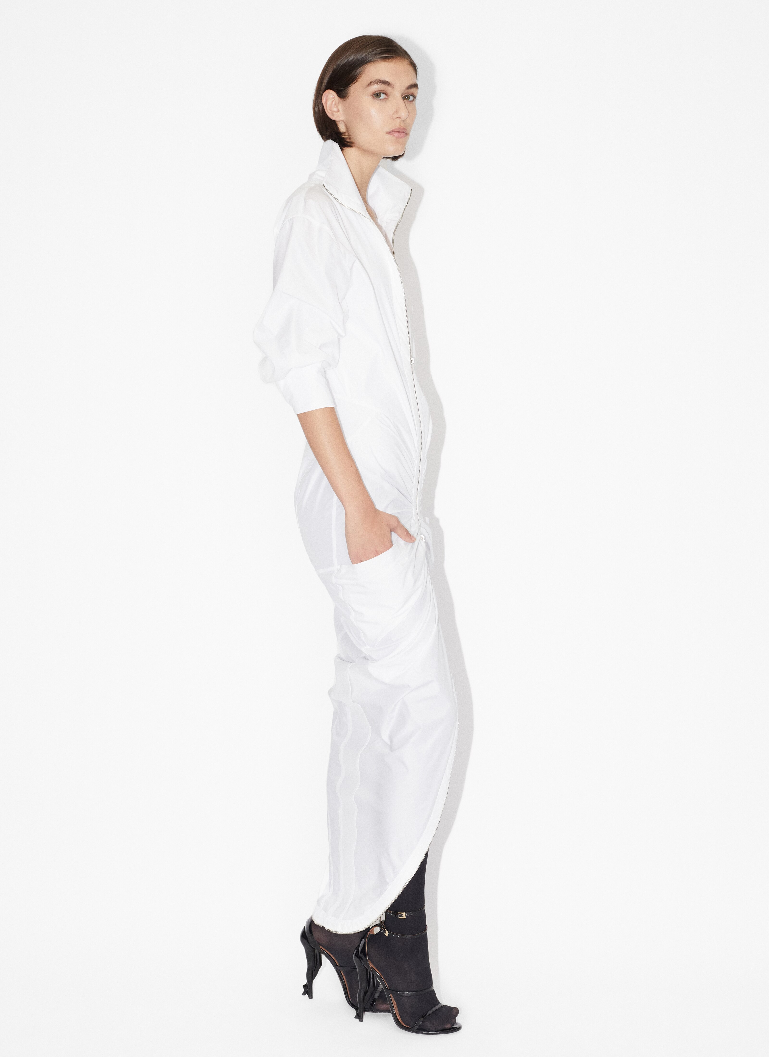 ALAÏA WHITE MAXI ZIPPED DRESS IN POPLIN