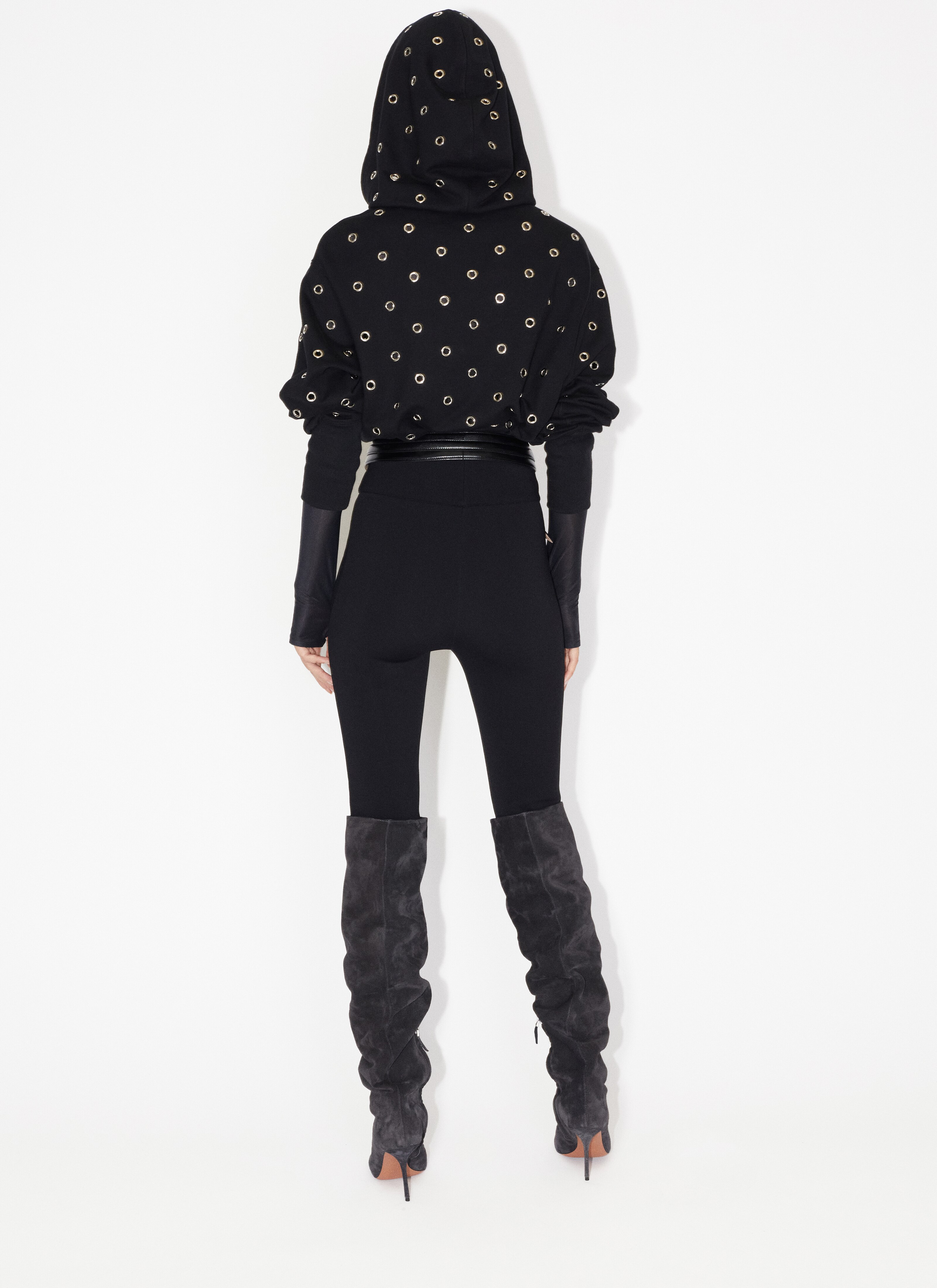 ALAÏA SCHWARZ FLEECE-HOODIE MIT ÖSEN
