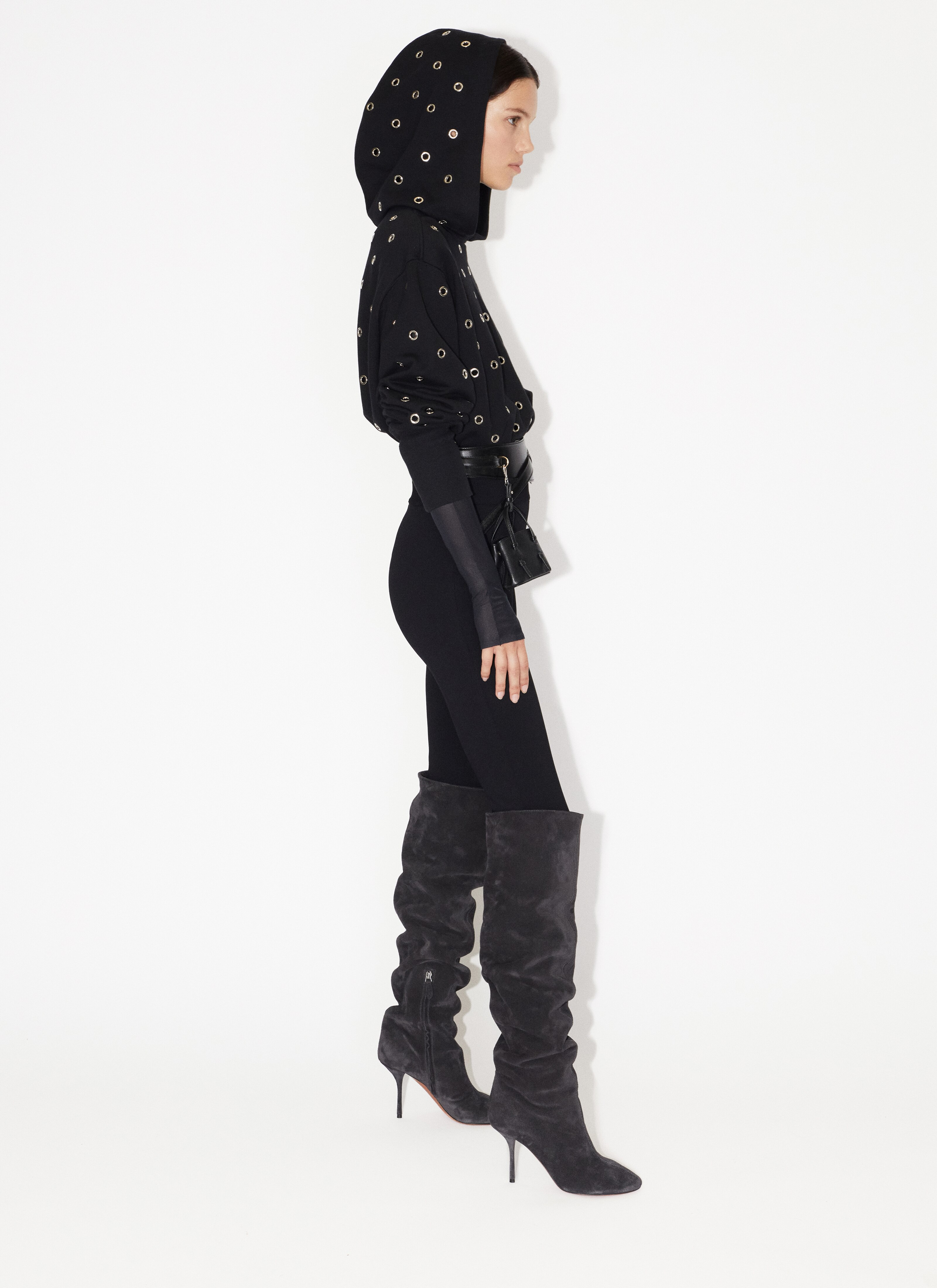 ALAÏA SCHWARZ FLEECE-HOODIE MIT ÖSEN