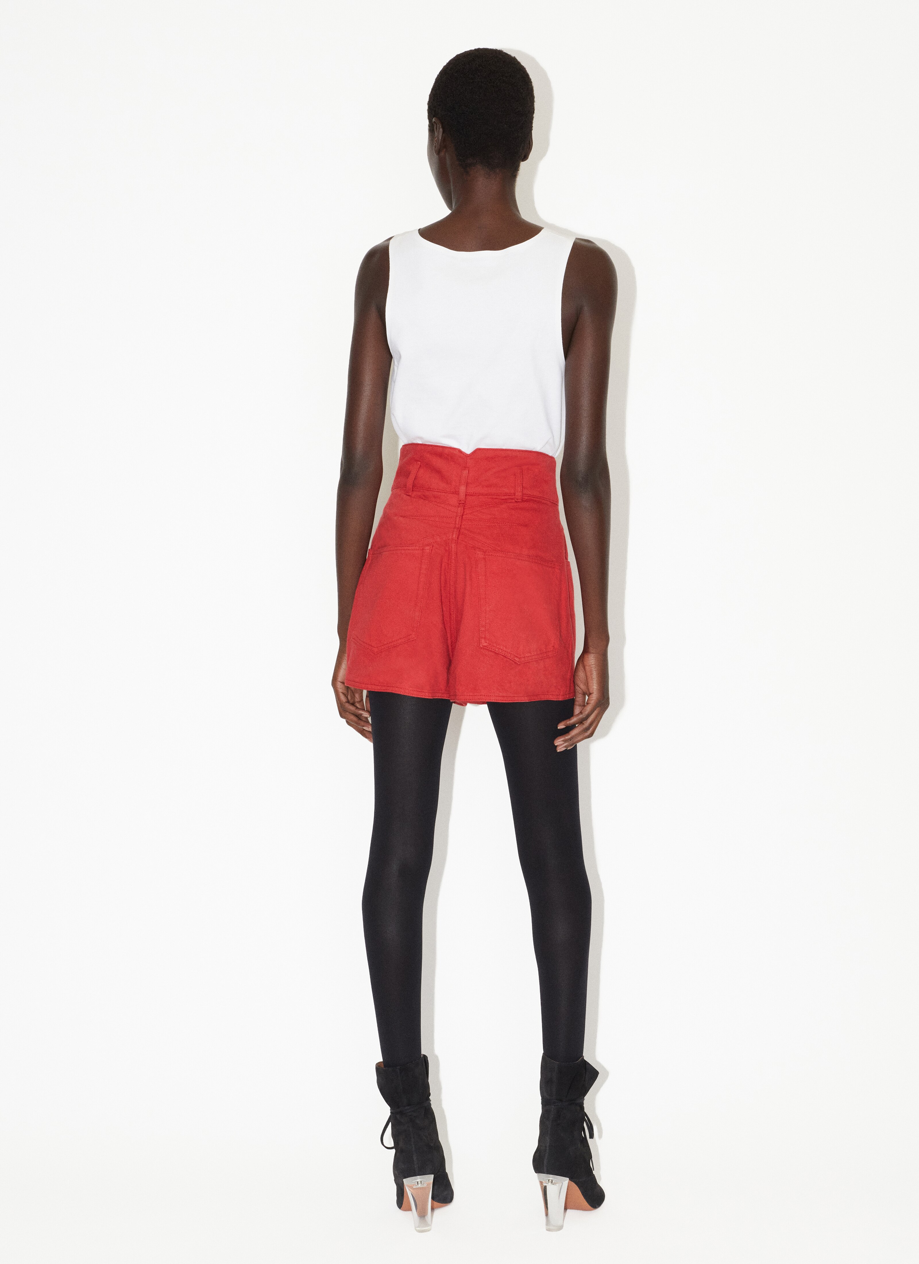 ALAÏA RED HIGH-WAIST DENIM SHORTS