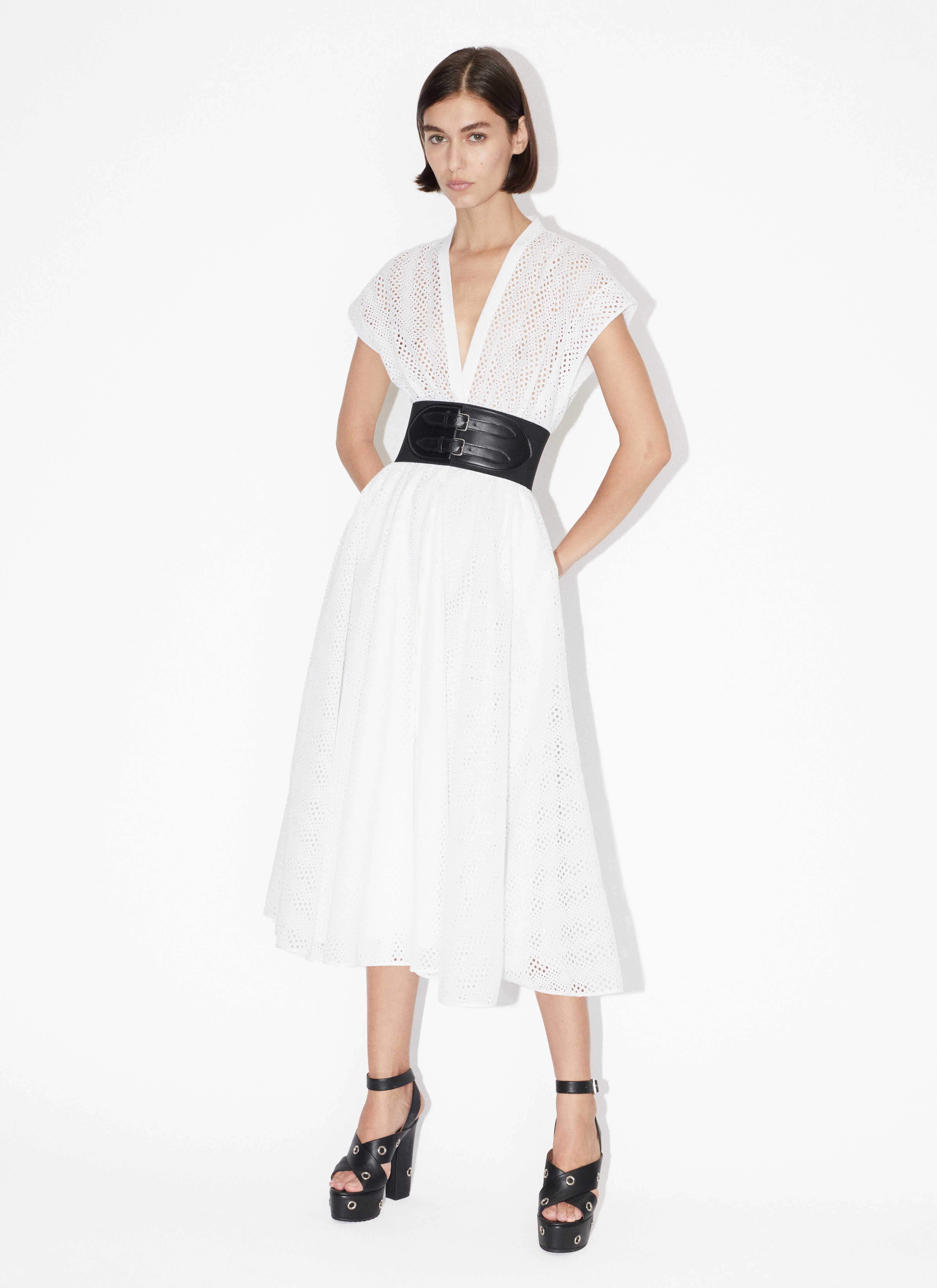 ALAÏA WHITE BRODERIE ANGLAISE BELTED DRESS