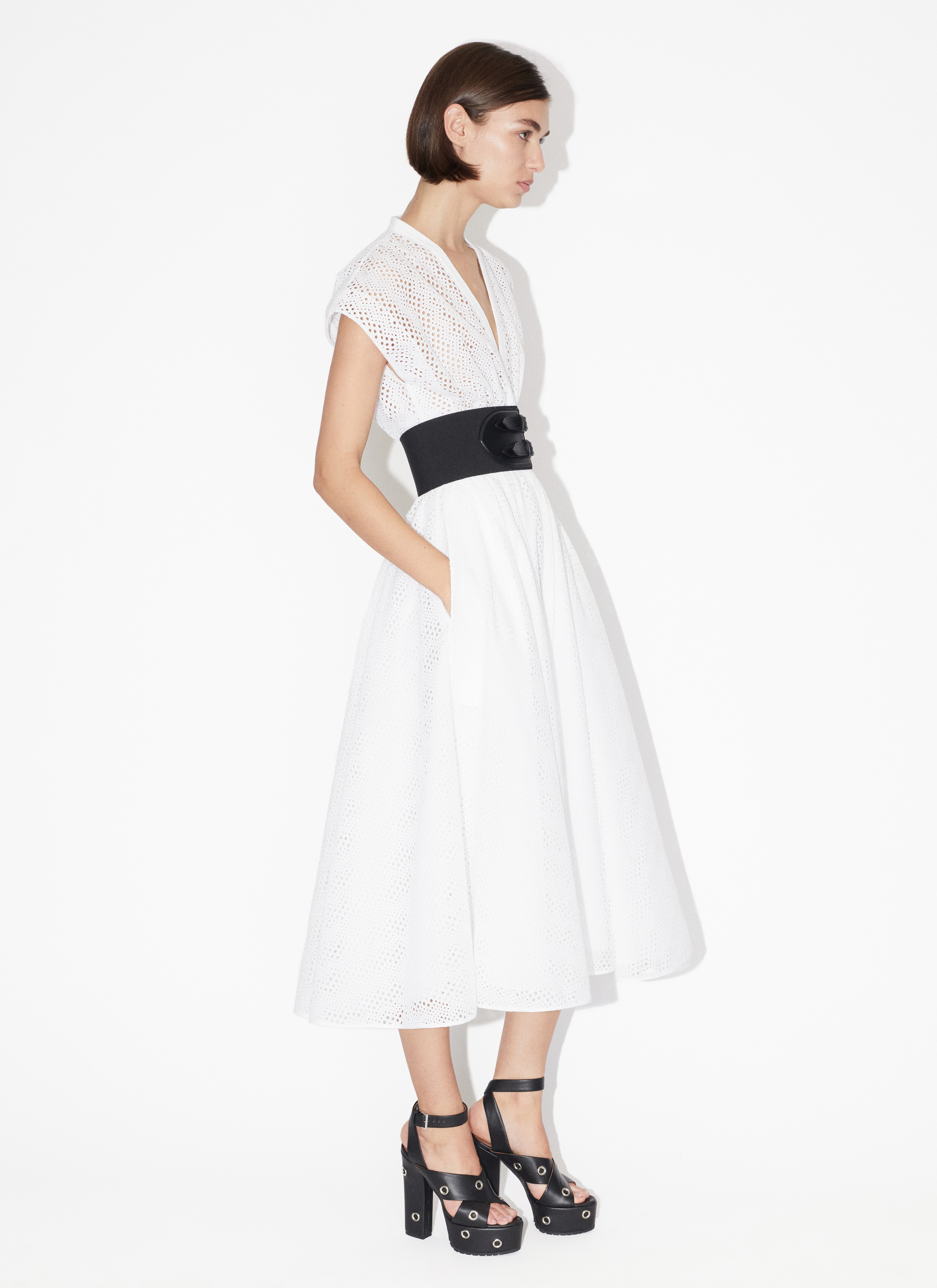 ALAÏA WHITE BRODERIE ANGLAISE BELTED DRESS