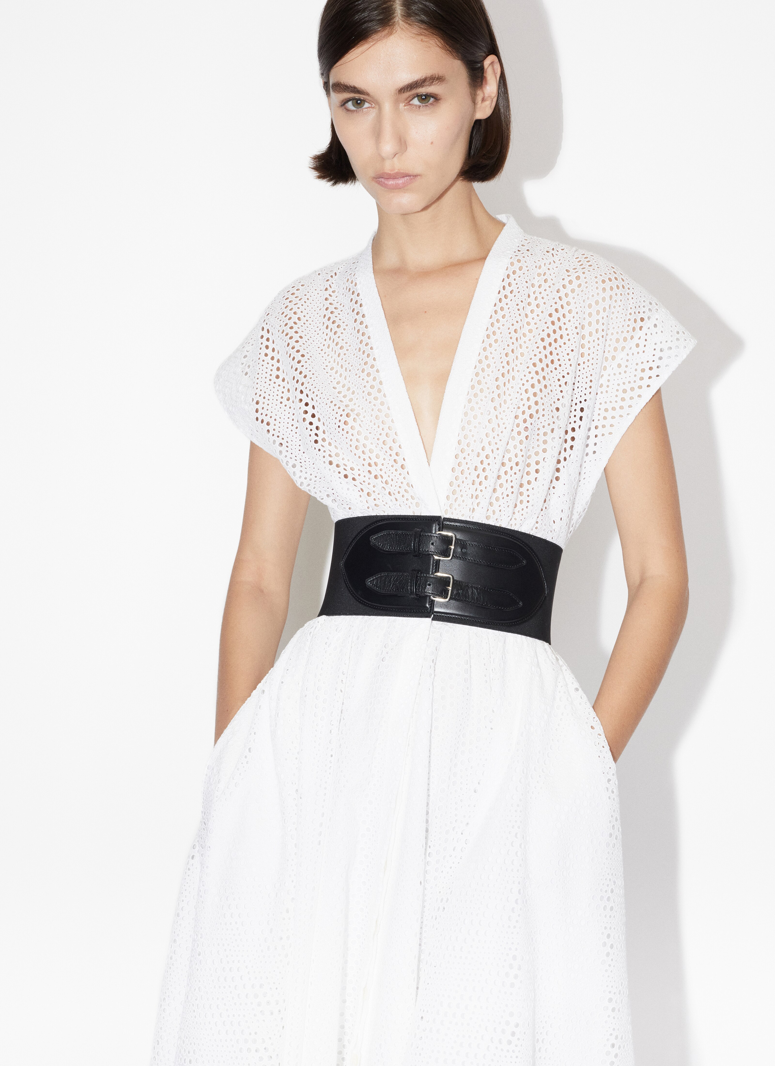 ALAÏA WHITE BRODERIE ANGLAISE BELTED DRESS