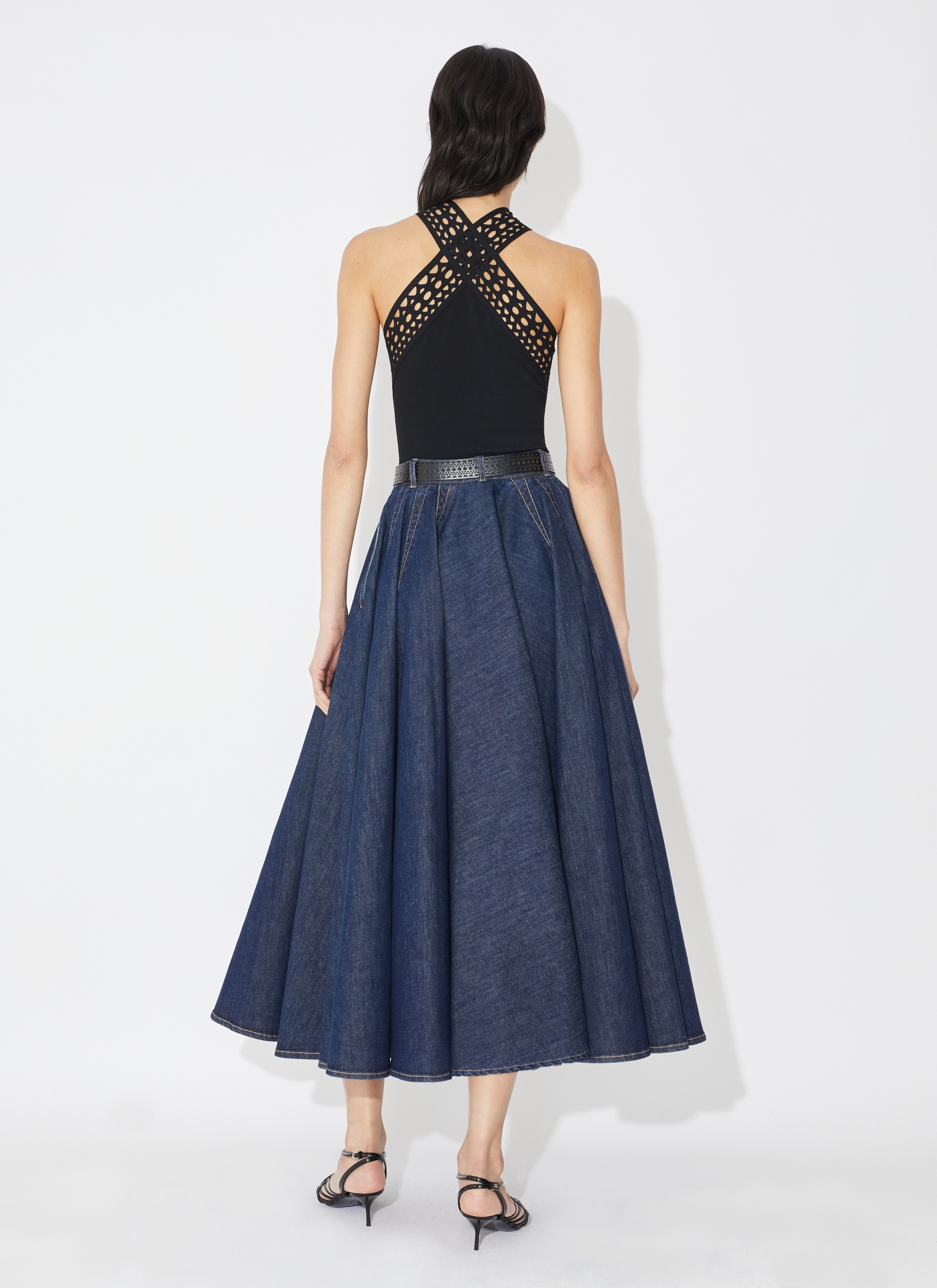 ALAÏA BLUE DENIM MIDI SKIRT