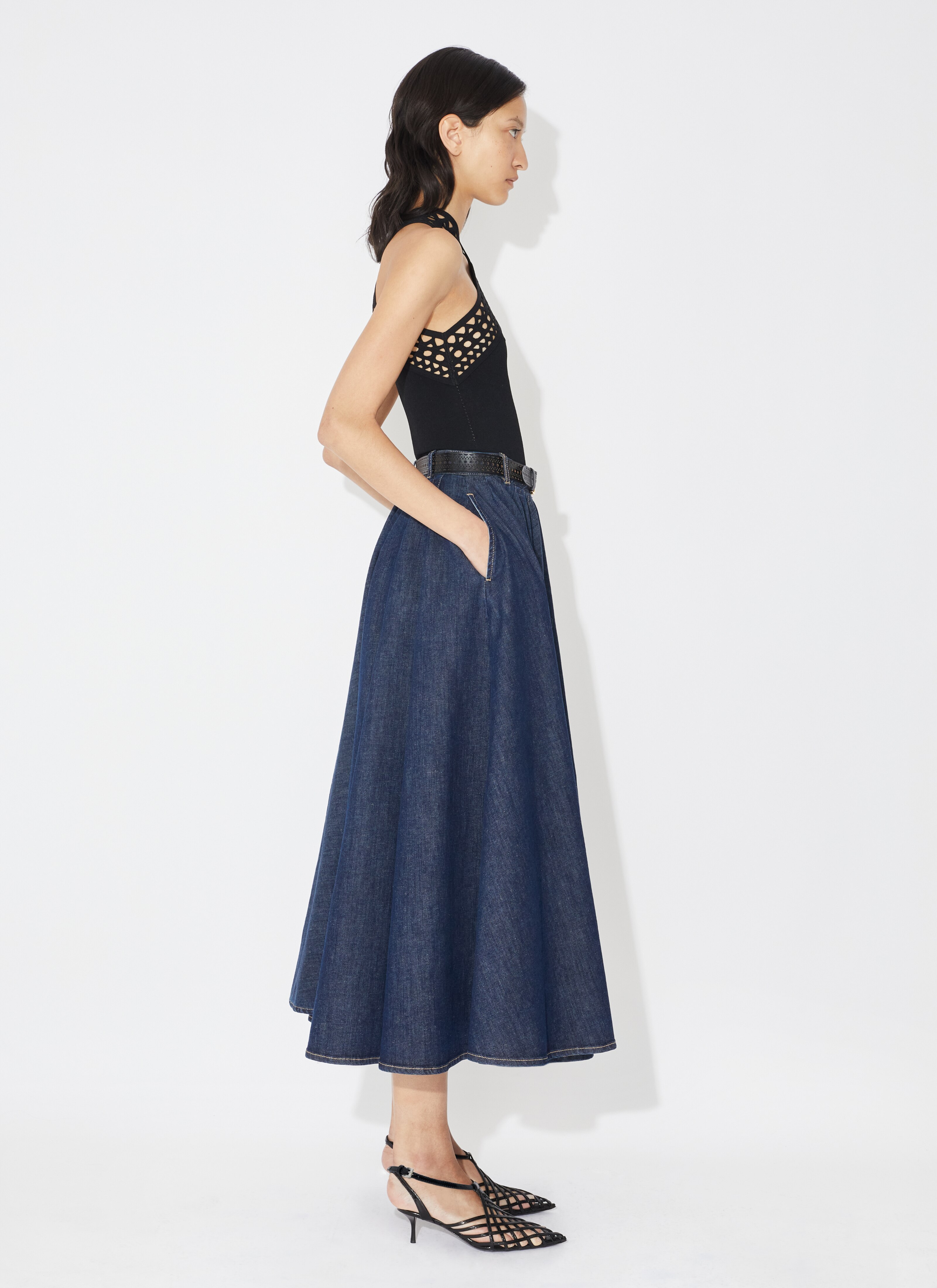 ALAÏA BLUE DENIM MIDI SKIRT