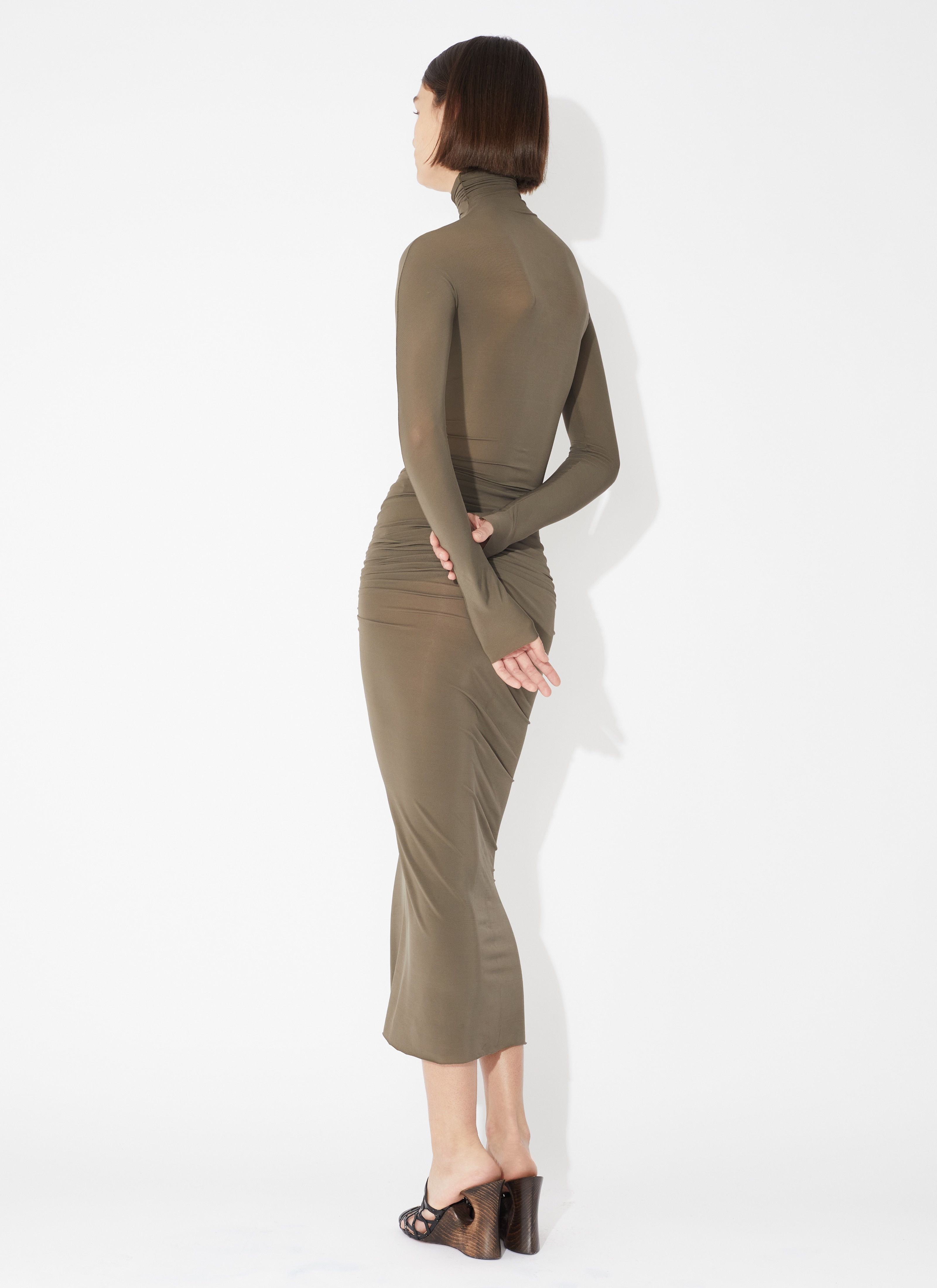 ALAÏA BROWN DRAPED JERSEY DRESS