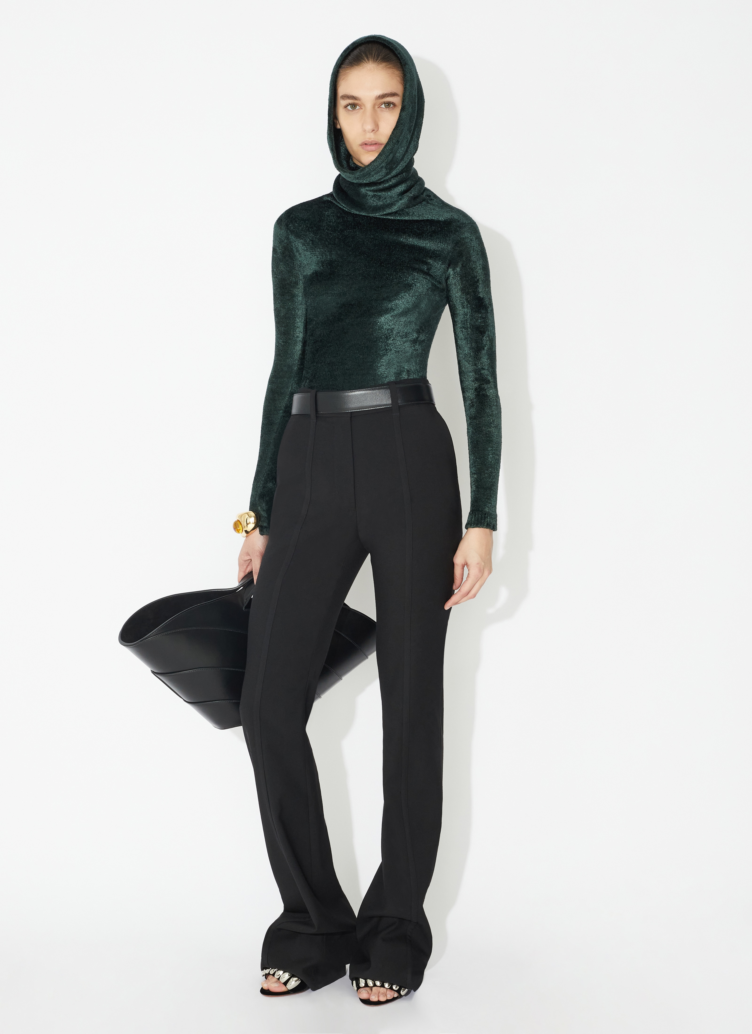 ALAÏA GREEN SHINY VELVET HOOD TOP