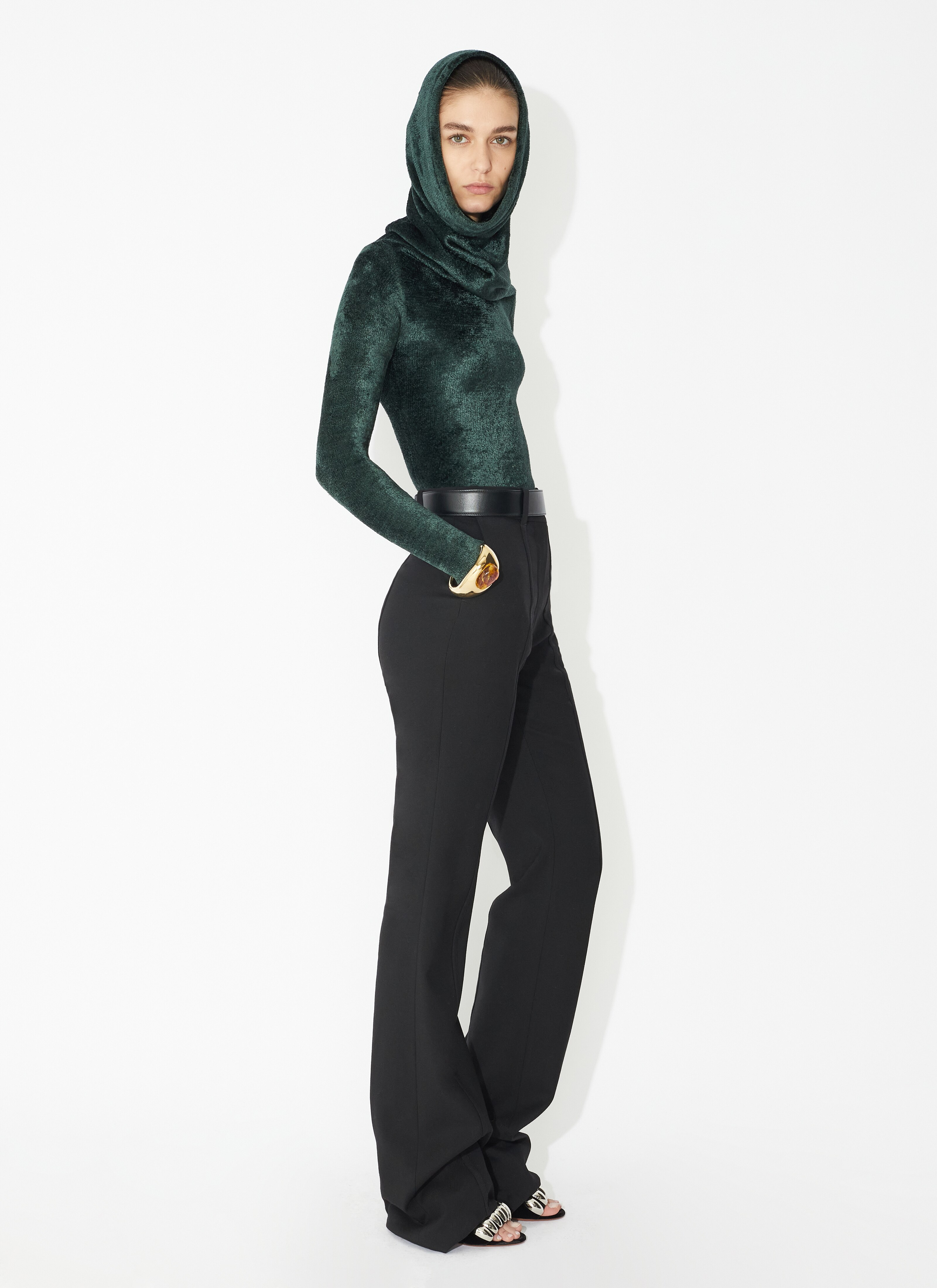 ALAÏA GREEN SHINY VELVET HOOD TOP