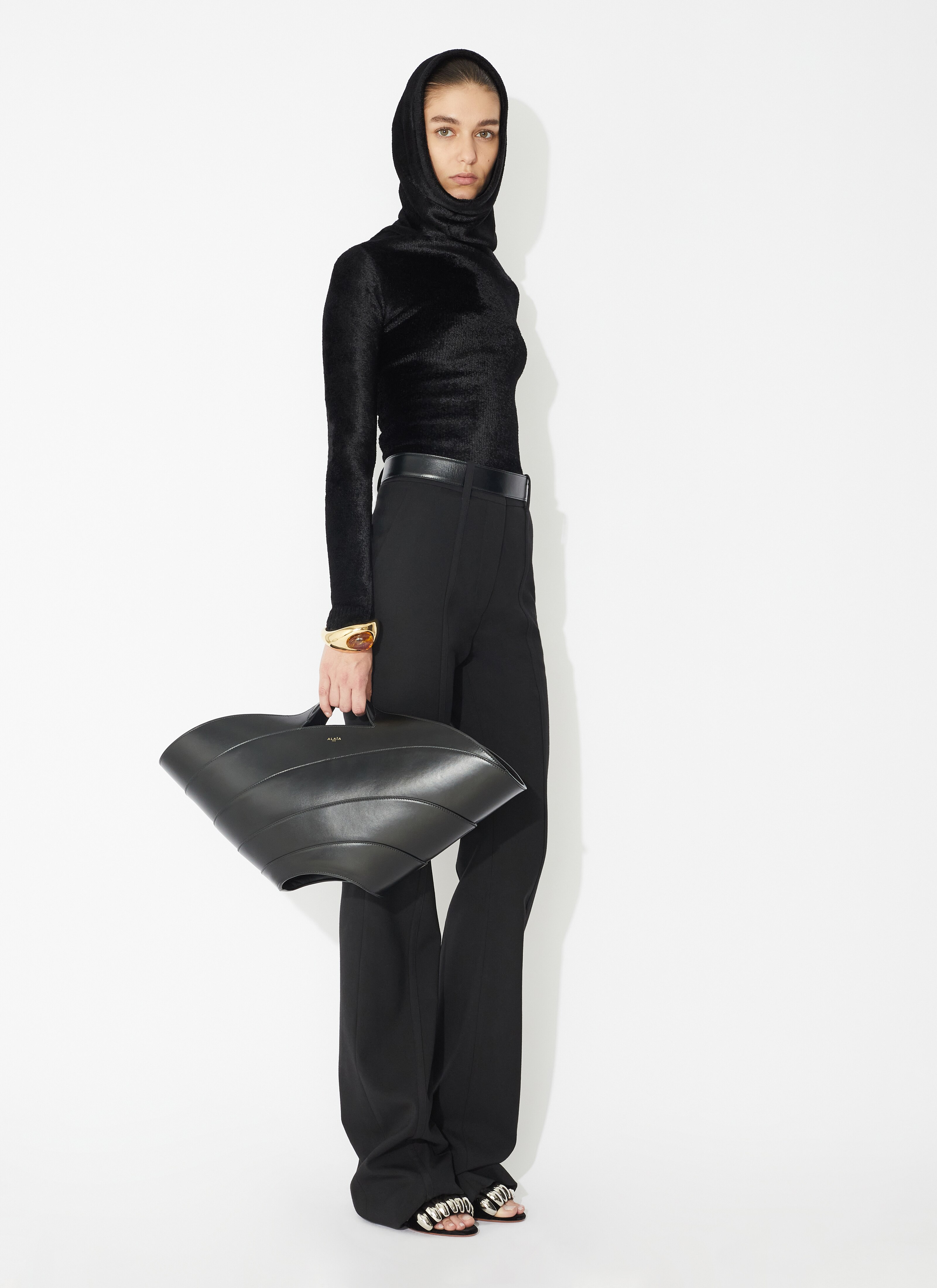 ALAÏA BLACK SHINY VELVET HOOD TOP