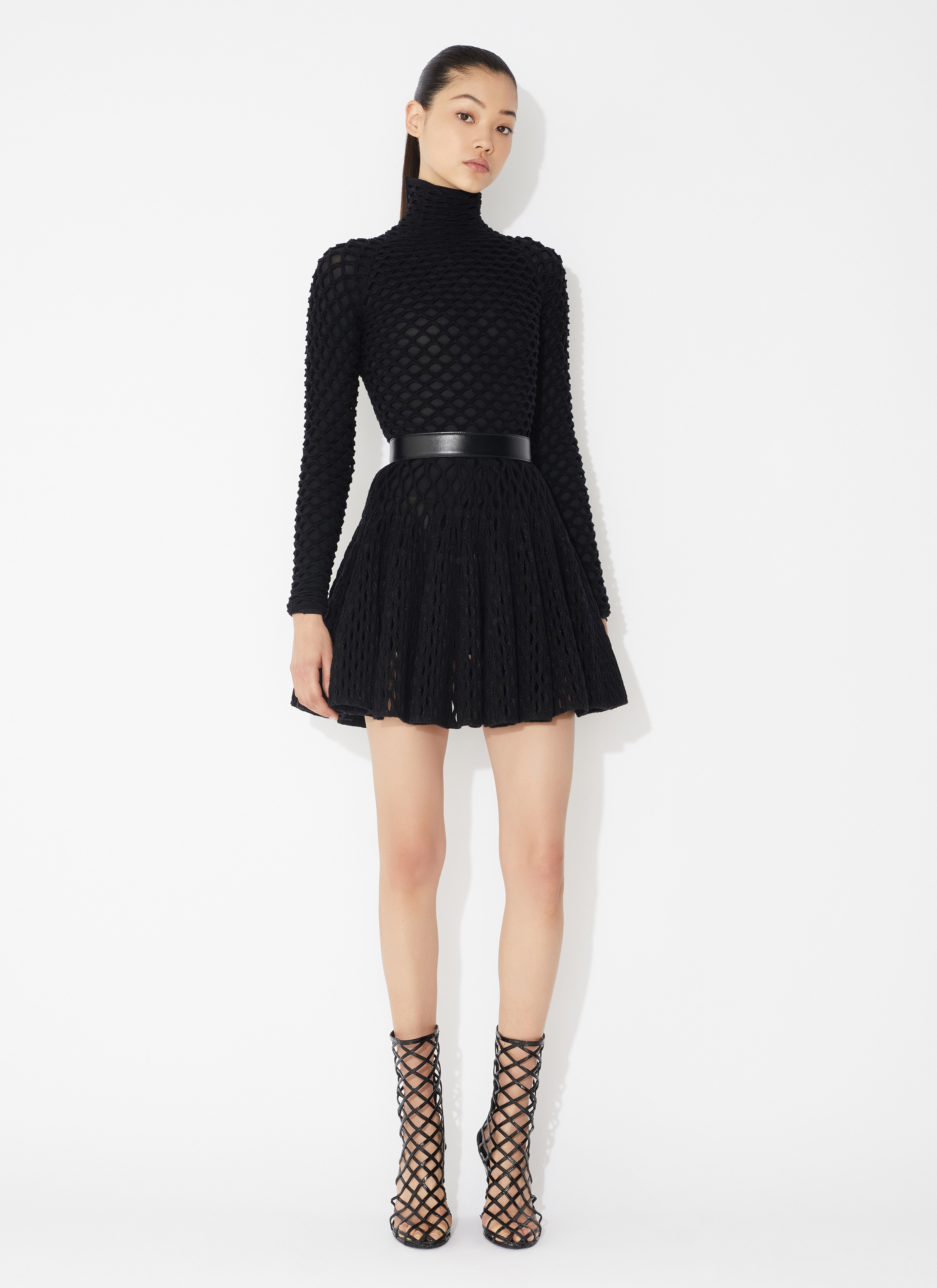 ALAÏA BLACK CAGE KNIT SKATER SKIRT
