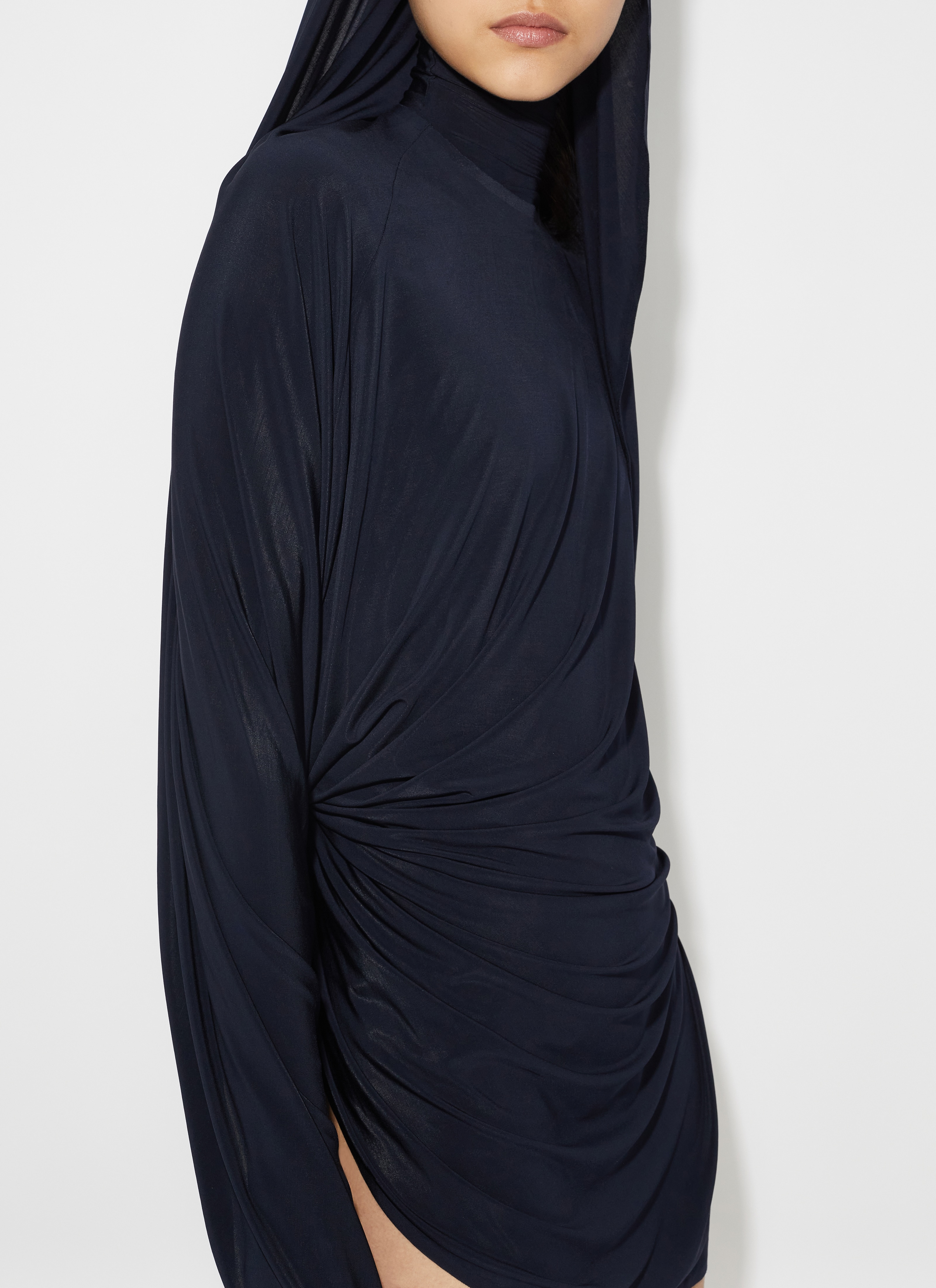 ALAÏA BLUE DRAPED FLUID JERSEY DRESS