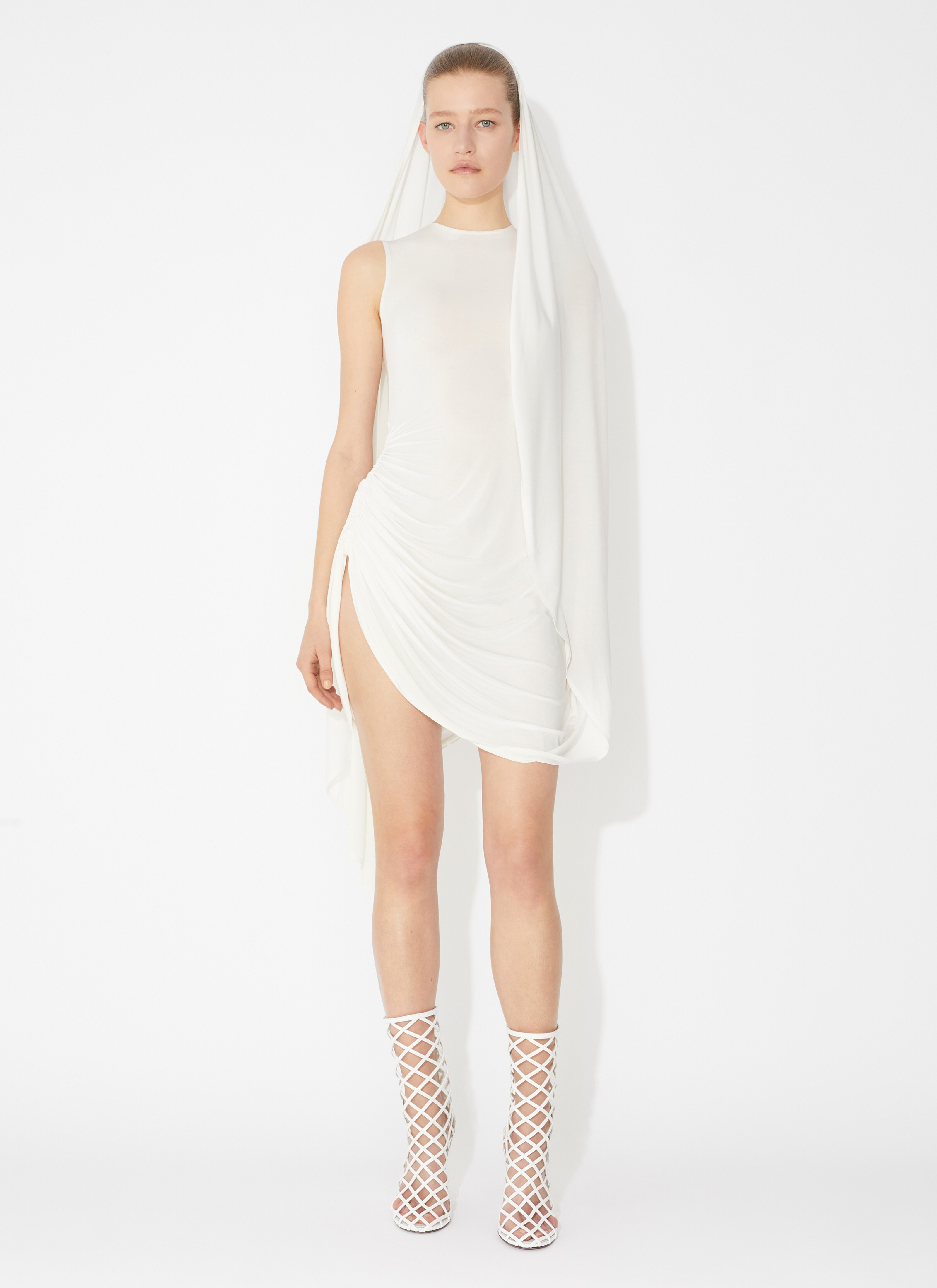 ALAÏA WHITE DRAPED FLUID JERSEY DRESS