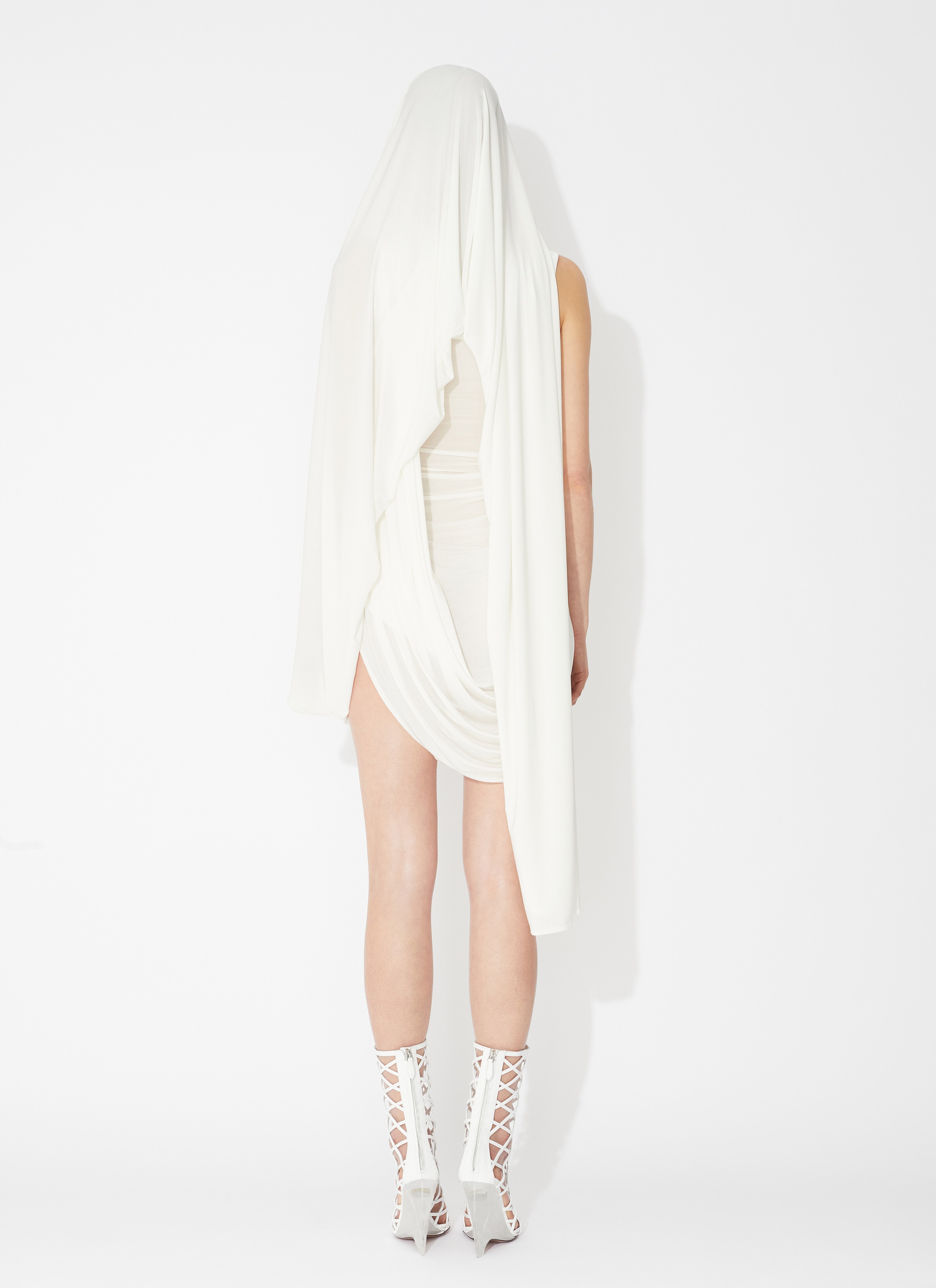 ALAÏA WHITE DRAPED FLUID JERSEY DRESS