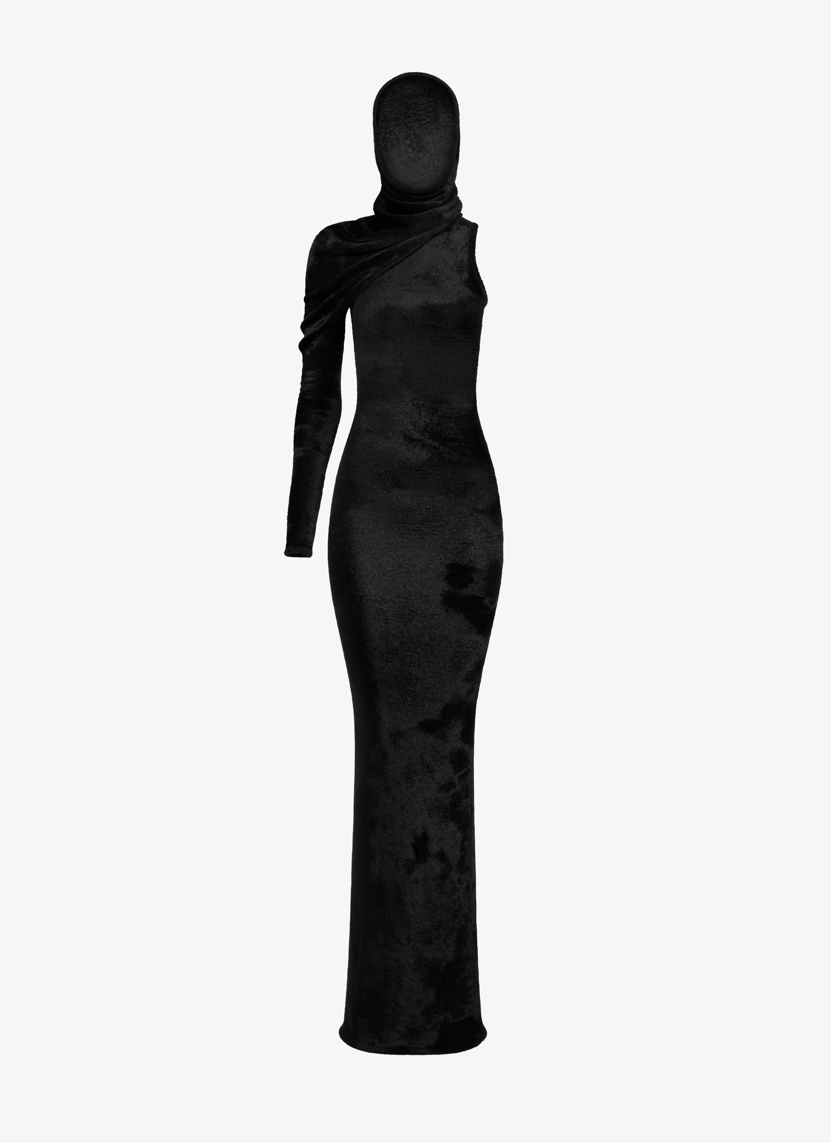 ALAÏA SCHWARZ KAPUZENKLEID AUS GLÄNZENDEM SAMT