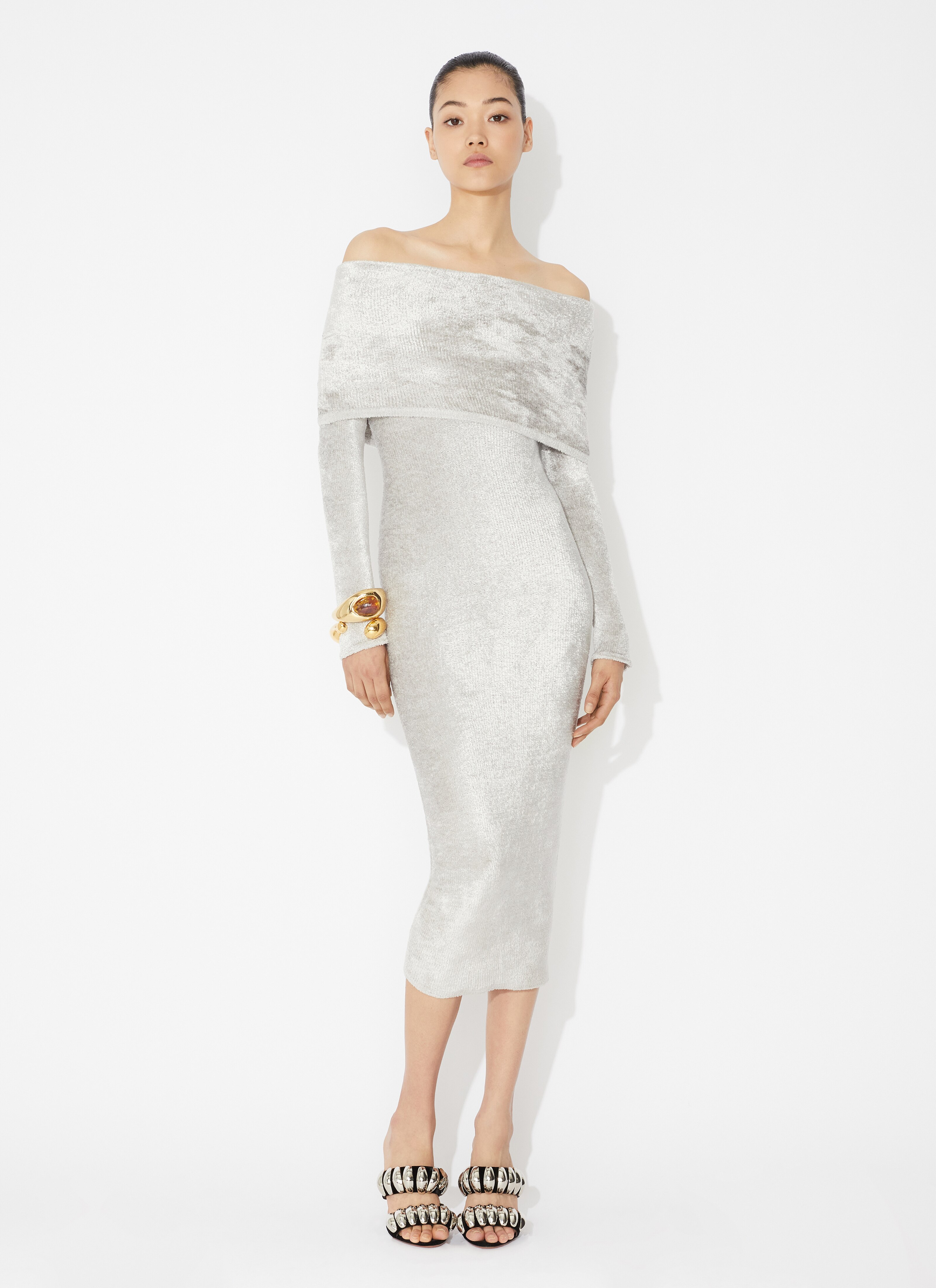 ALAÏA SILVER SHINY VELVET OFF-SHOULDER DRESS