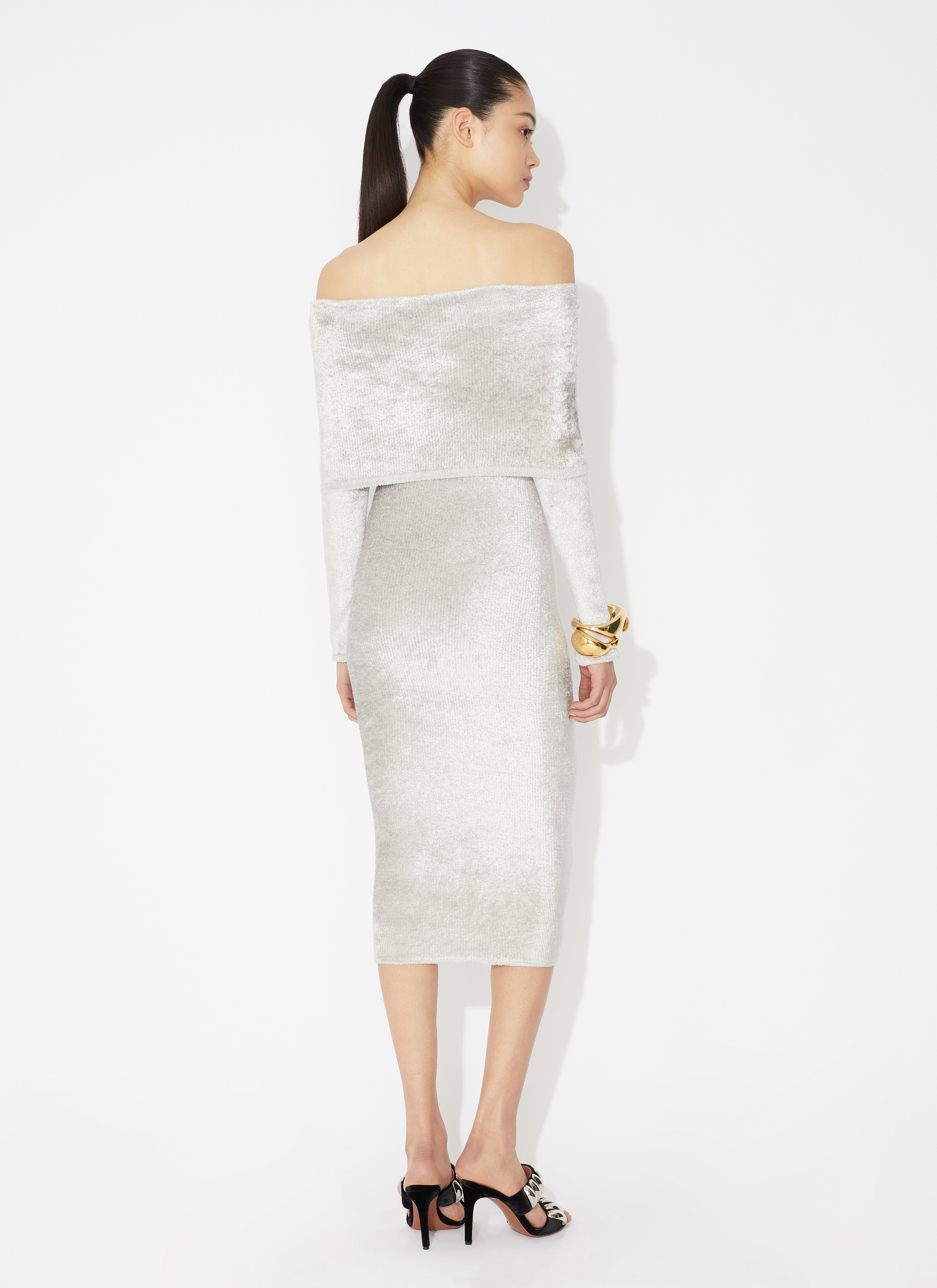 ALAÏA SILVER SHINY VELVET OFF-SHOULDER DRESS