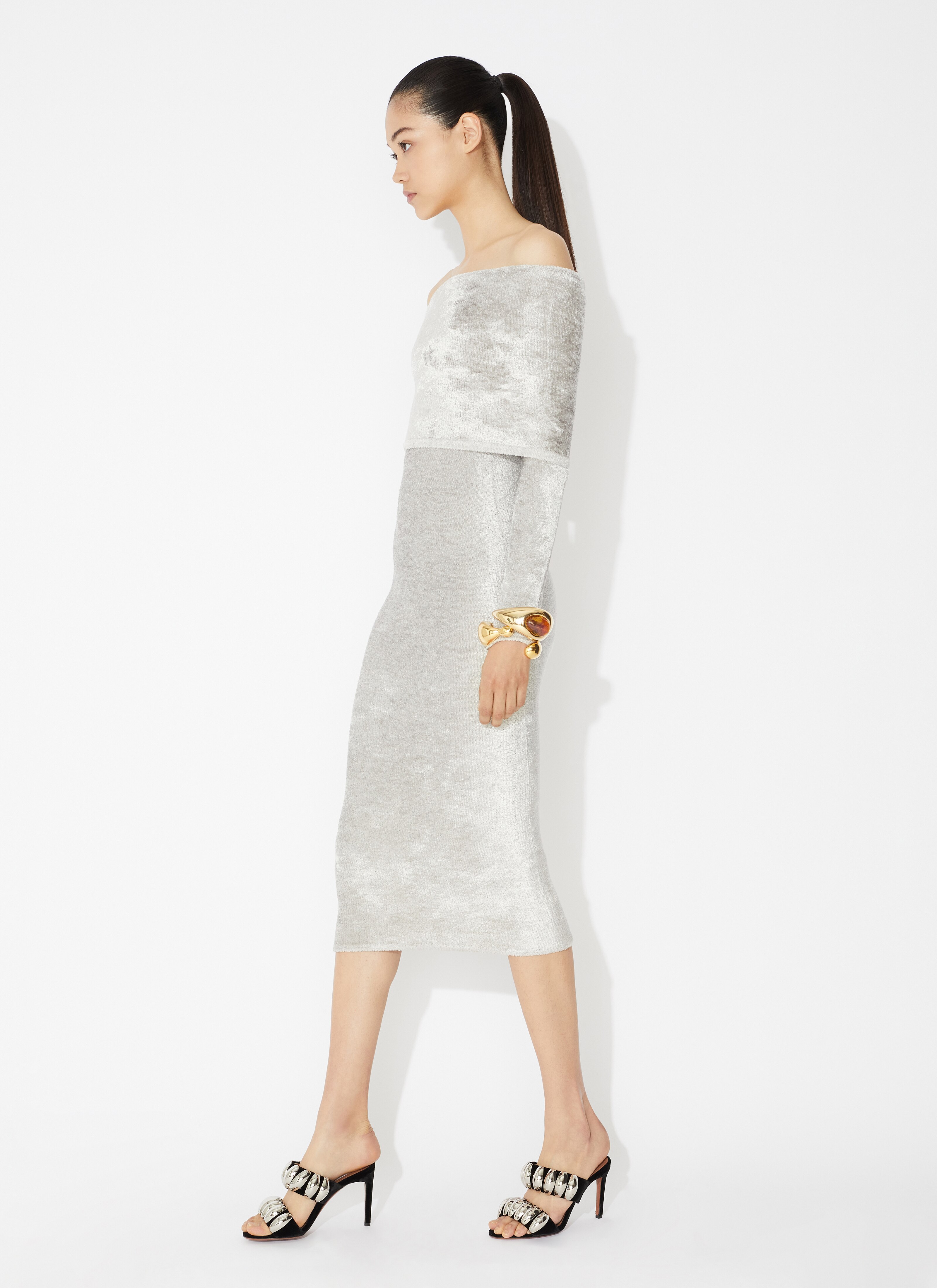 ALAÏA SILVER SHINY VELVET OFF-SHOULDER DRESS