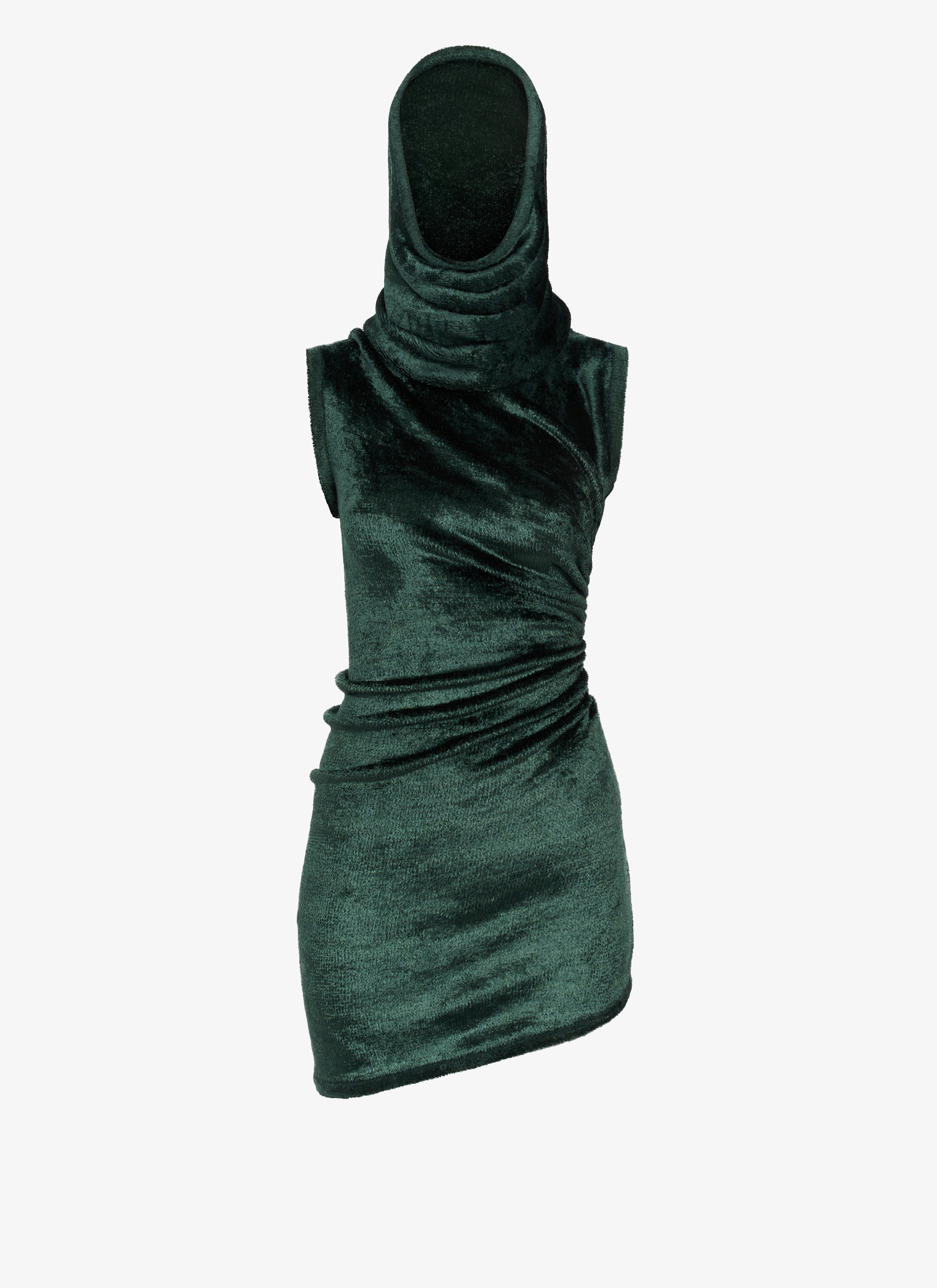 ALAÏA GREEN SHINY VELVET MINI HOOD DRESS