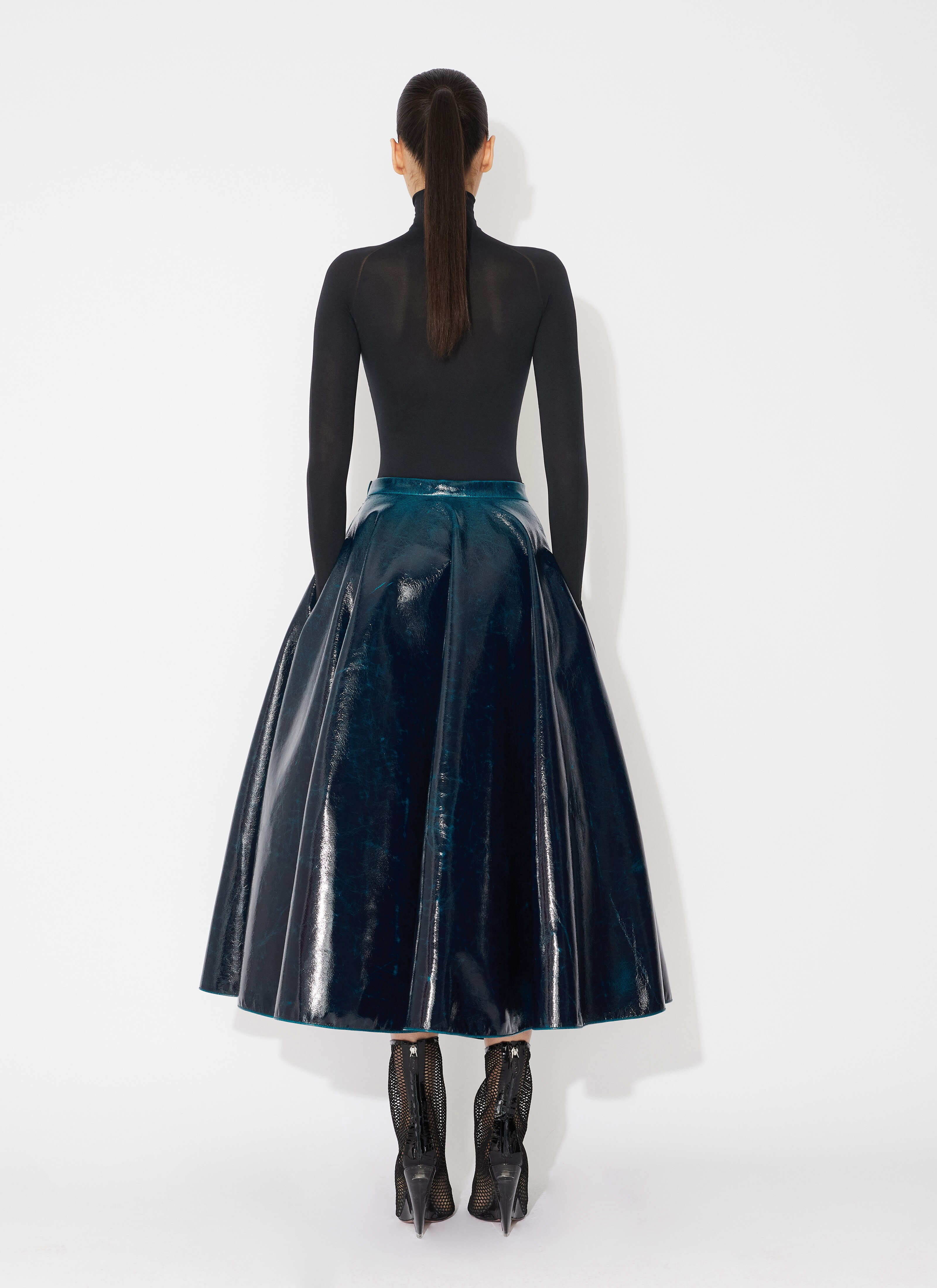 ALAÏA PETROL BLUE MIRROR WOOL MIDI SKIRT