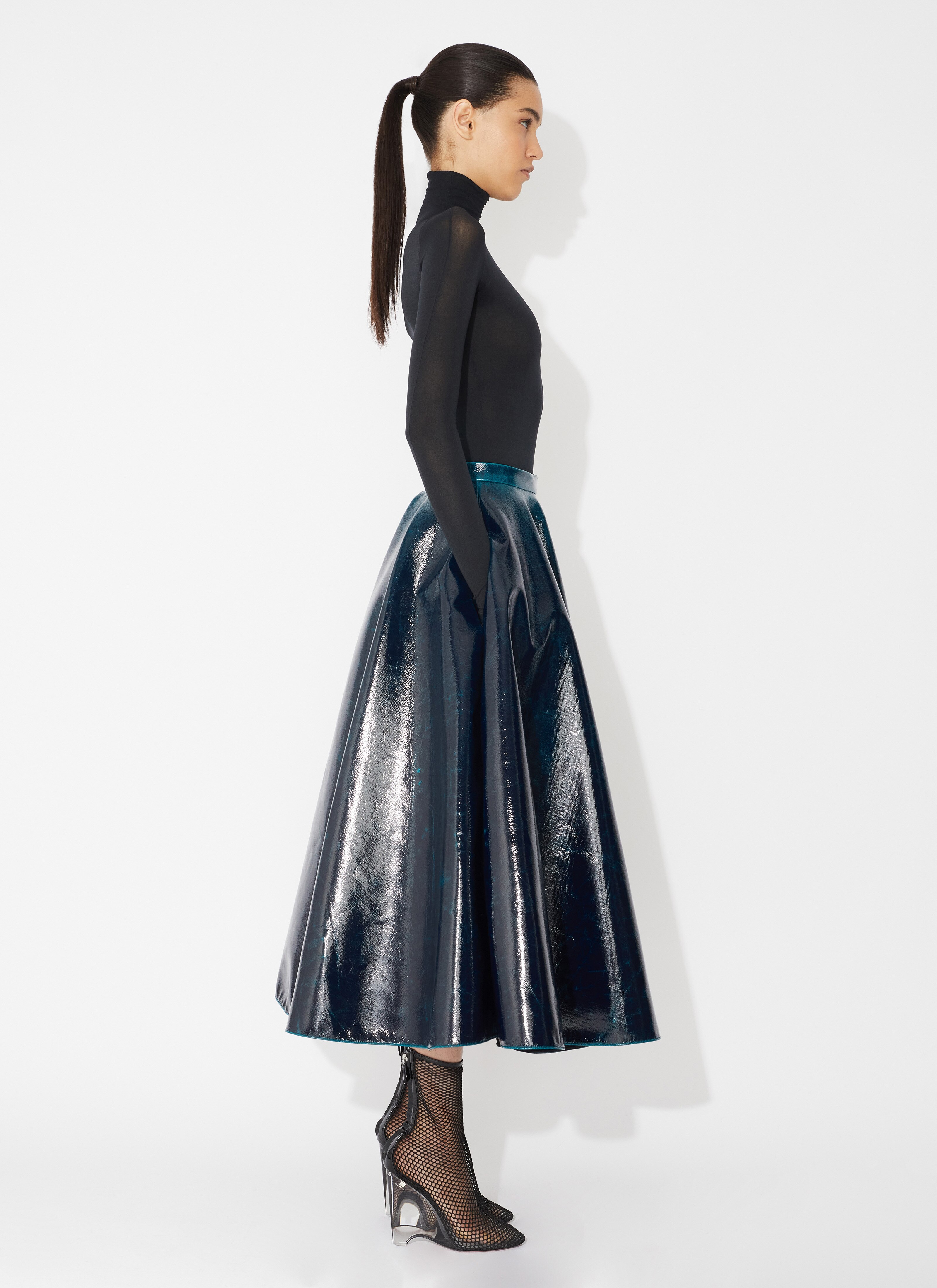 ALAÏA PETROL BLUE MIRROR WOOL MIDI SKIRT