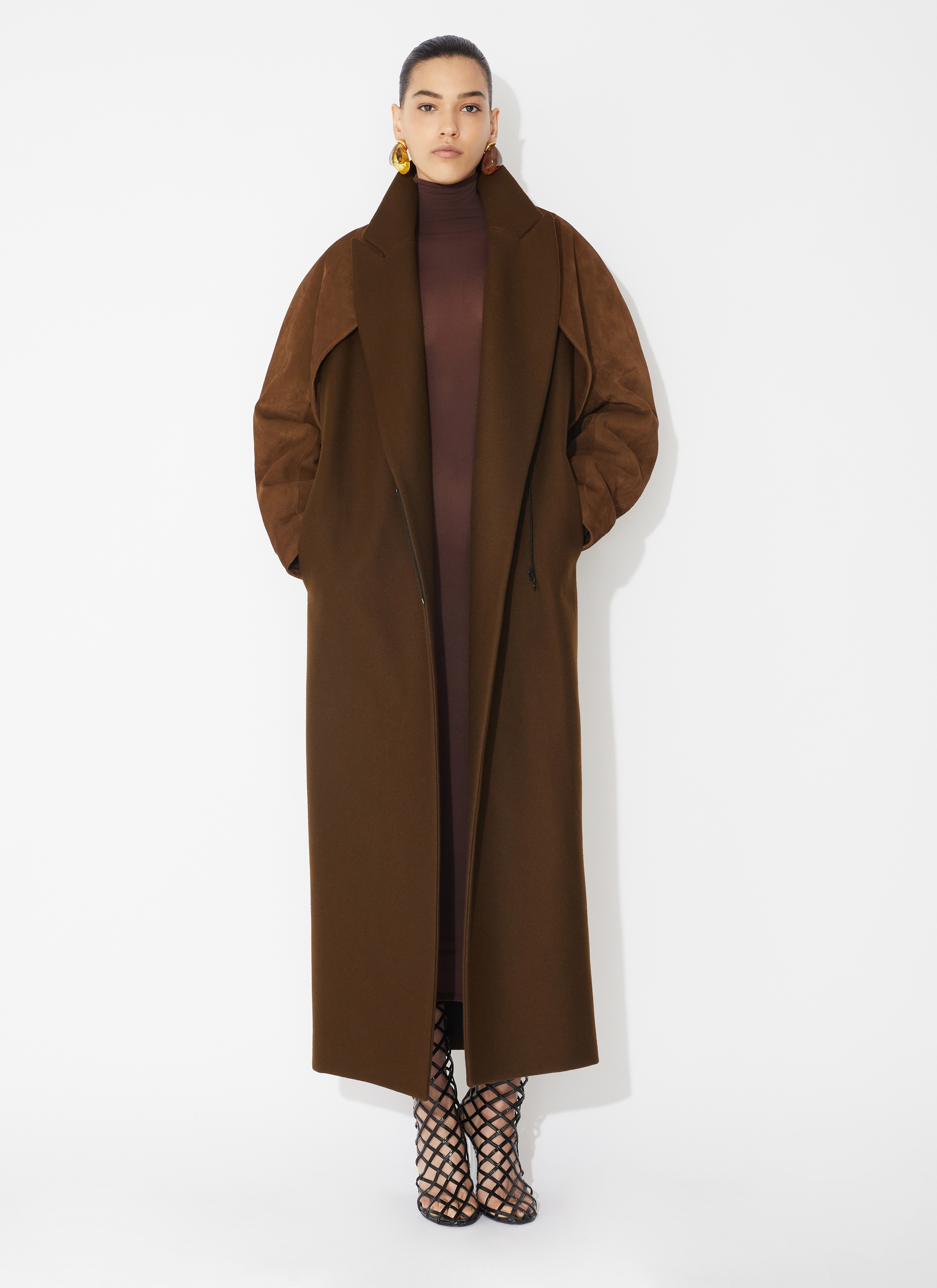 ALAÏA BROWN WOOL COAT WITH SUEDE LEATHER BOLERO