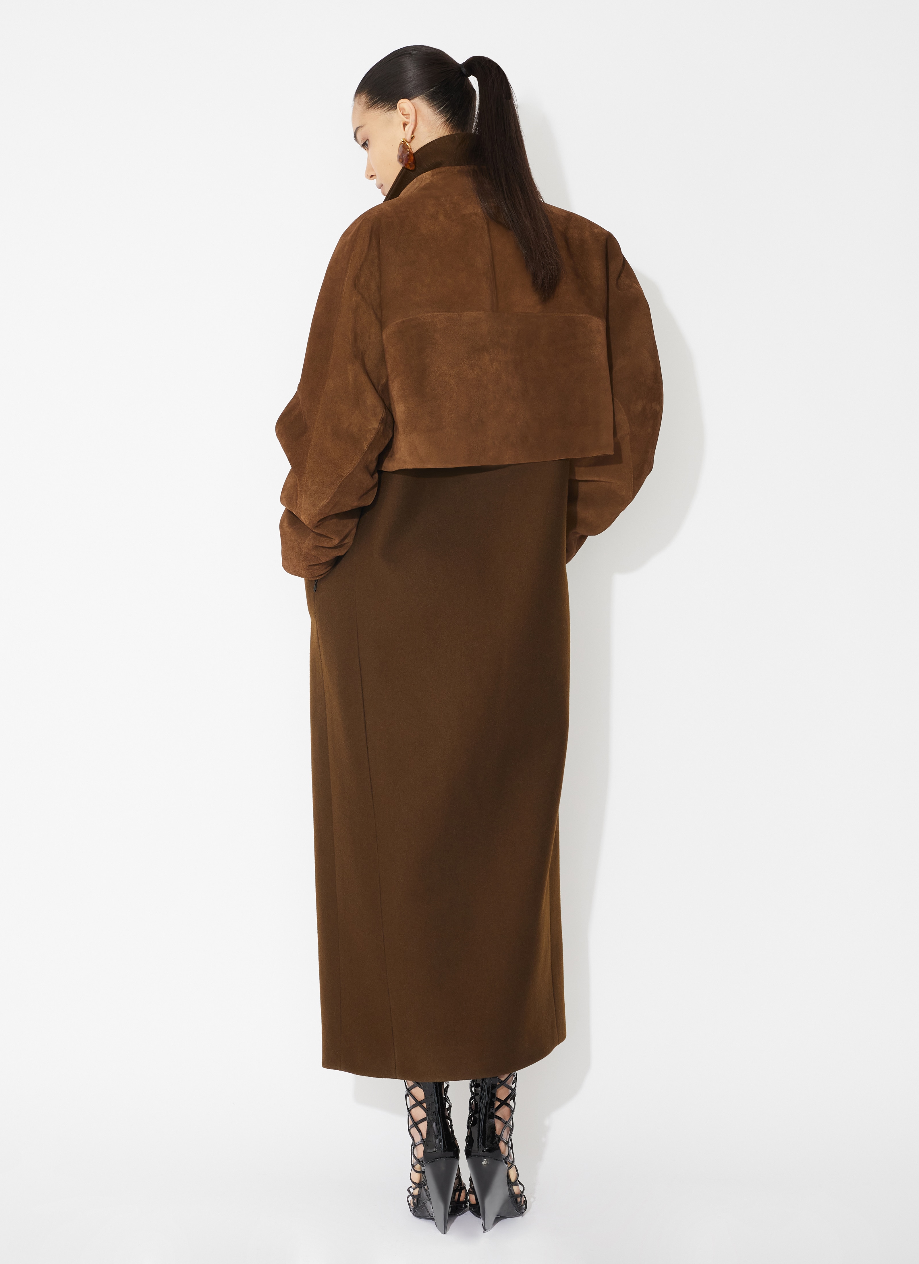 ALAÏA BROWN WOOL COAT WITH SUEDE LEATHER BOLERO