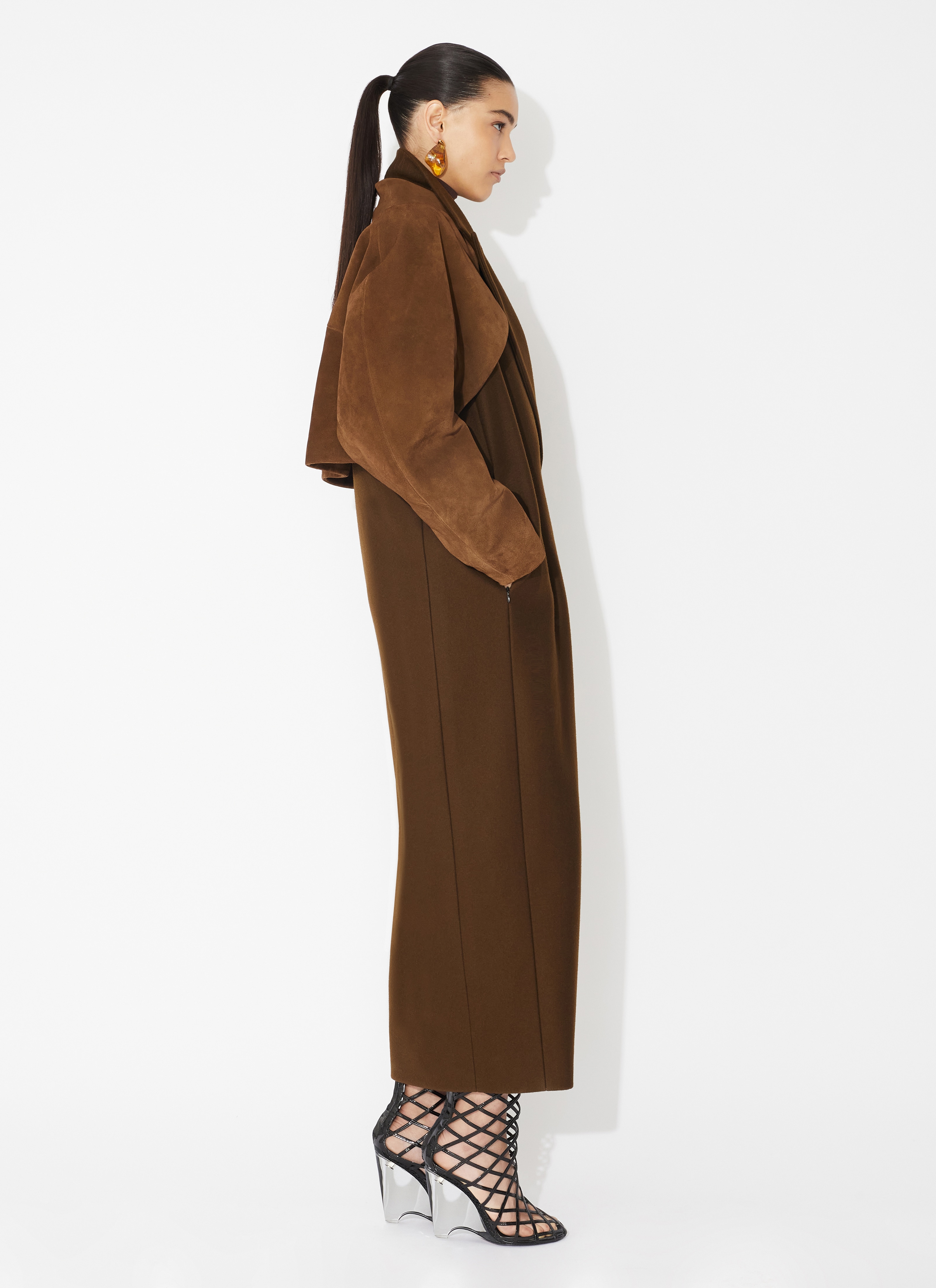 ALAÏA BROWN WOOL COAT WITH SUEDE LEATHER BOLERO