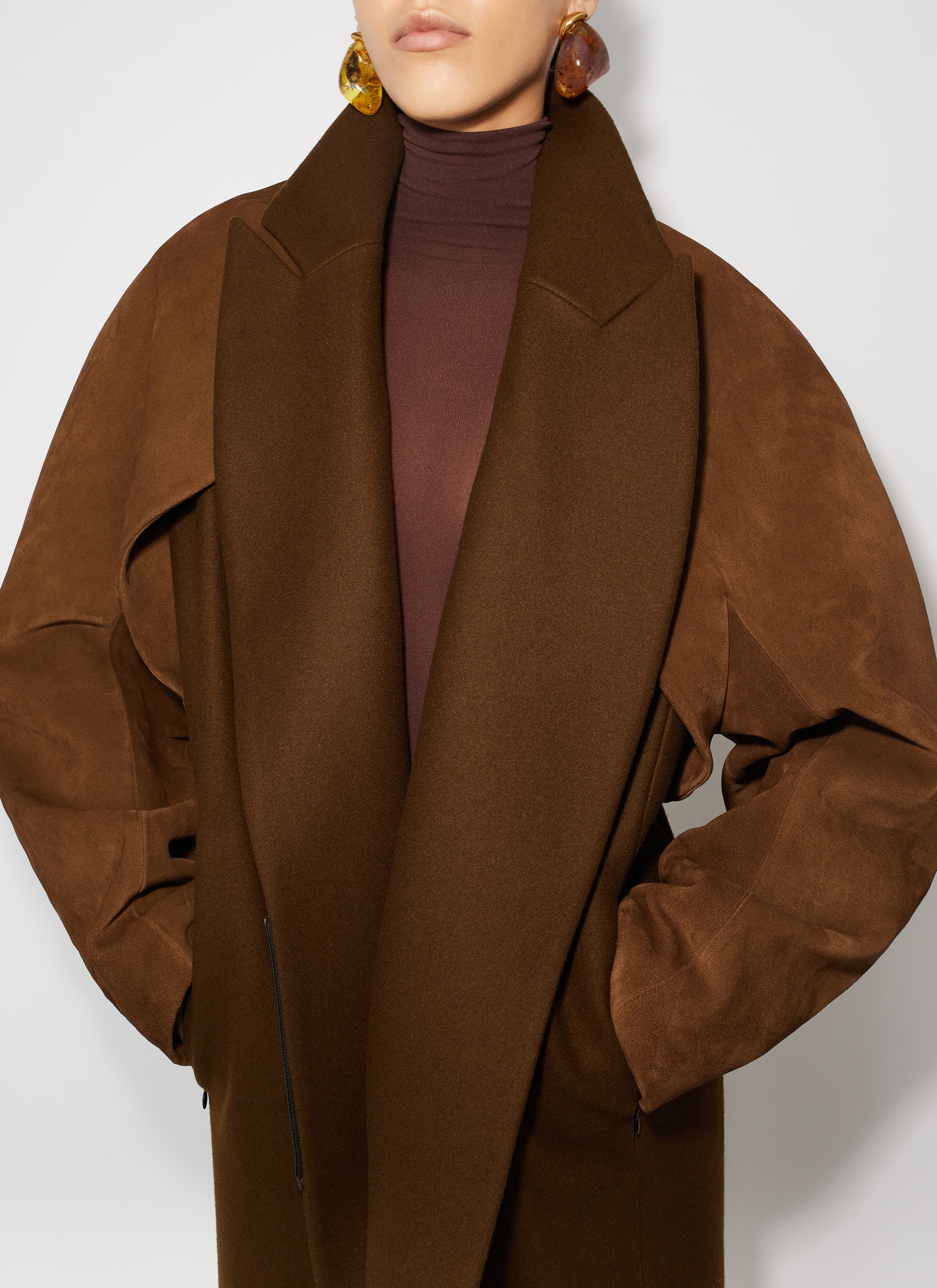 ALAÏA BROWN WOOL COAT WITH SUEDE LEATHER BOLERO