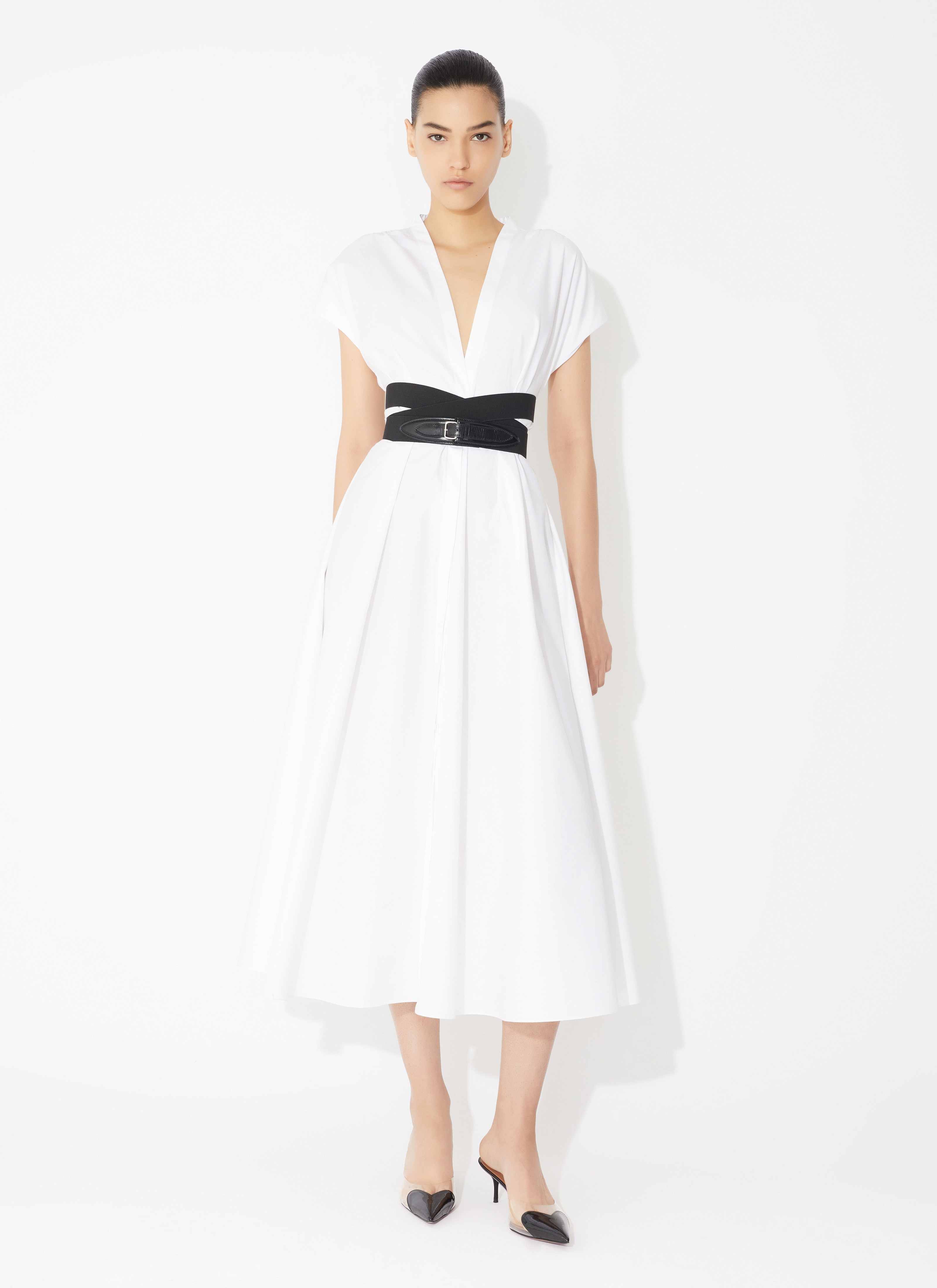 ALAÏA WHITE POPLIN CROSS BELT DRESS