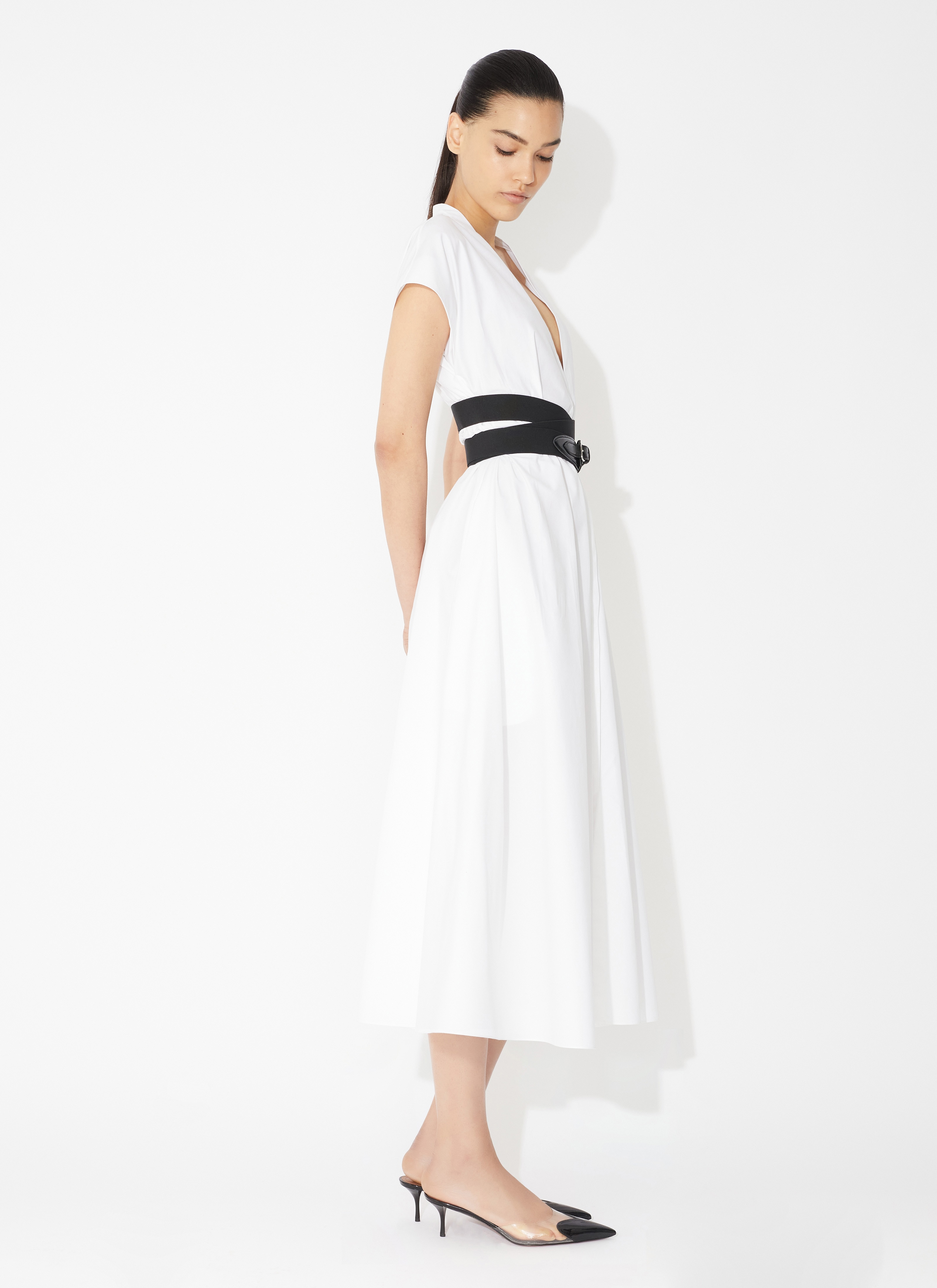ALAÏA WHITE POPLIN CROSS BELT DRESS