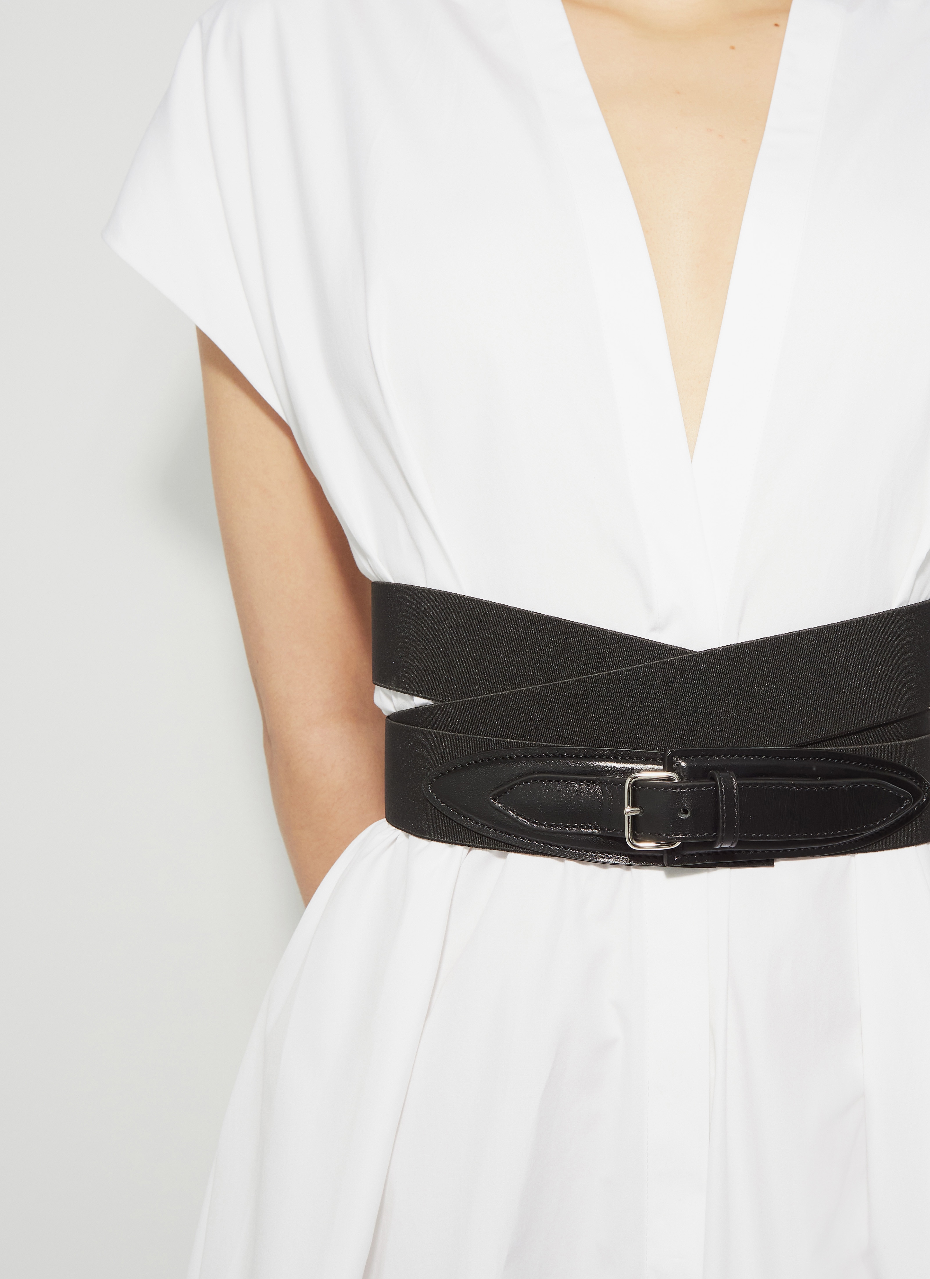 ALAÏA WHITE POPLIN CROSS BELT DRESS