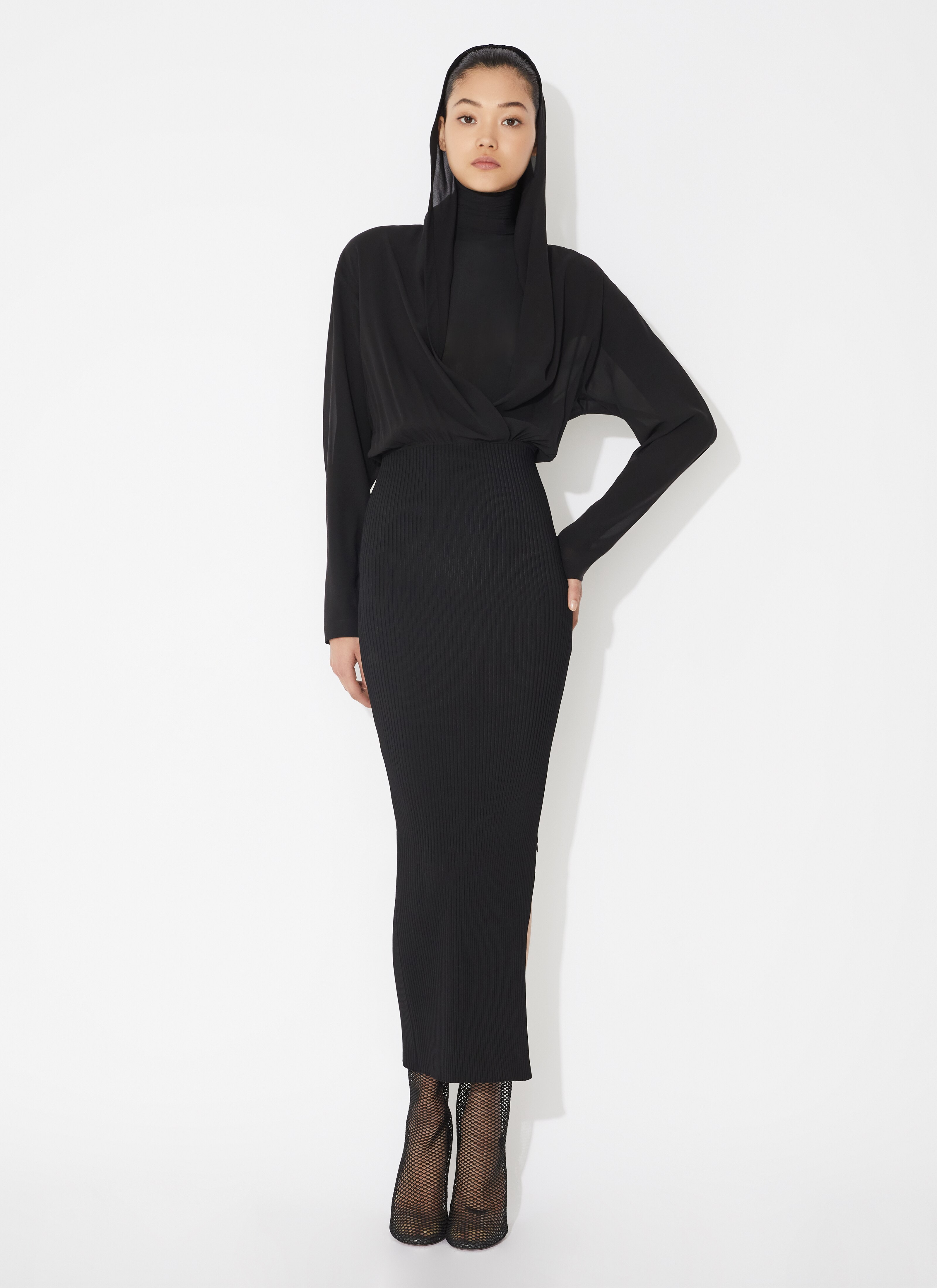 ALAÏA BLACK KNIT AND SILK DRESS