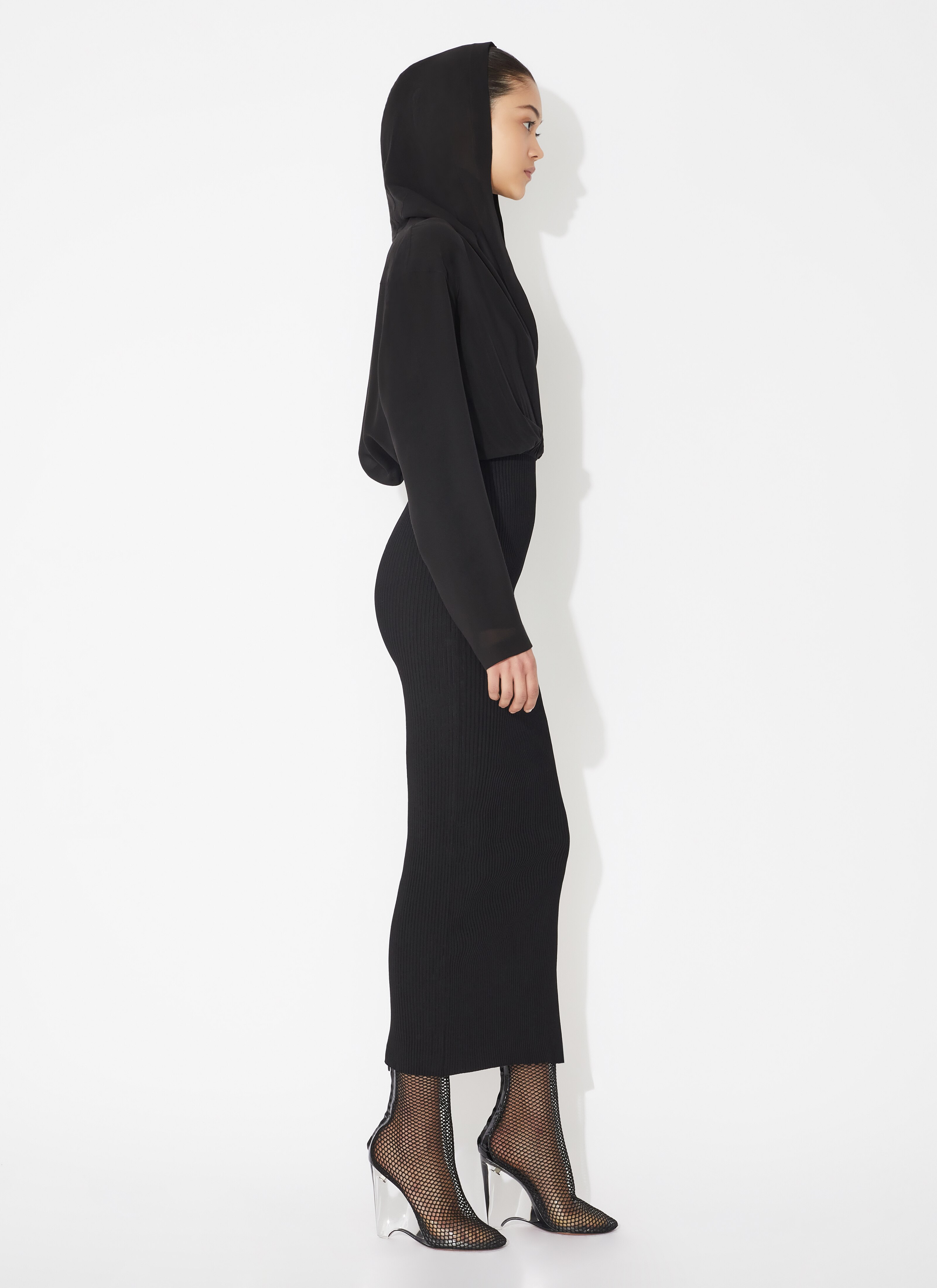 ALAÏA BLACK KNIT AND SILK DRESS