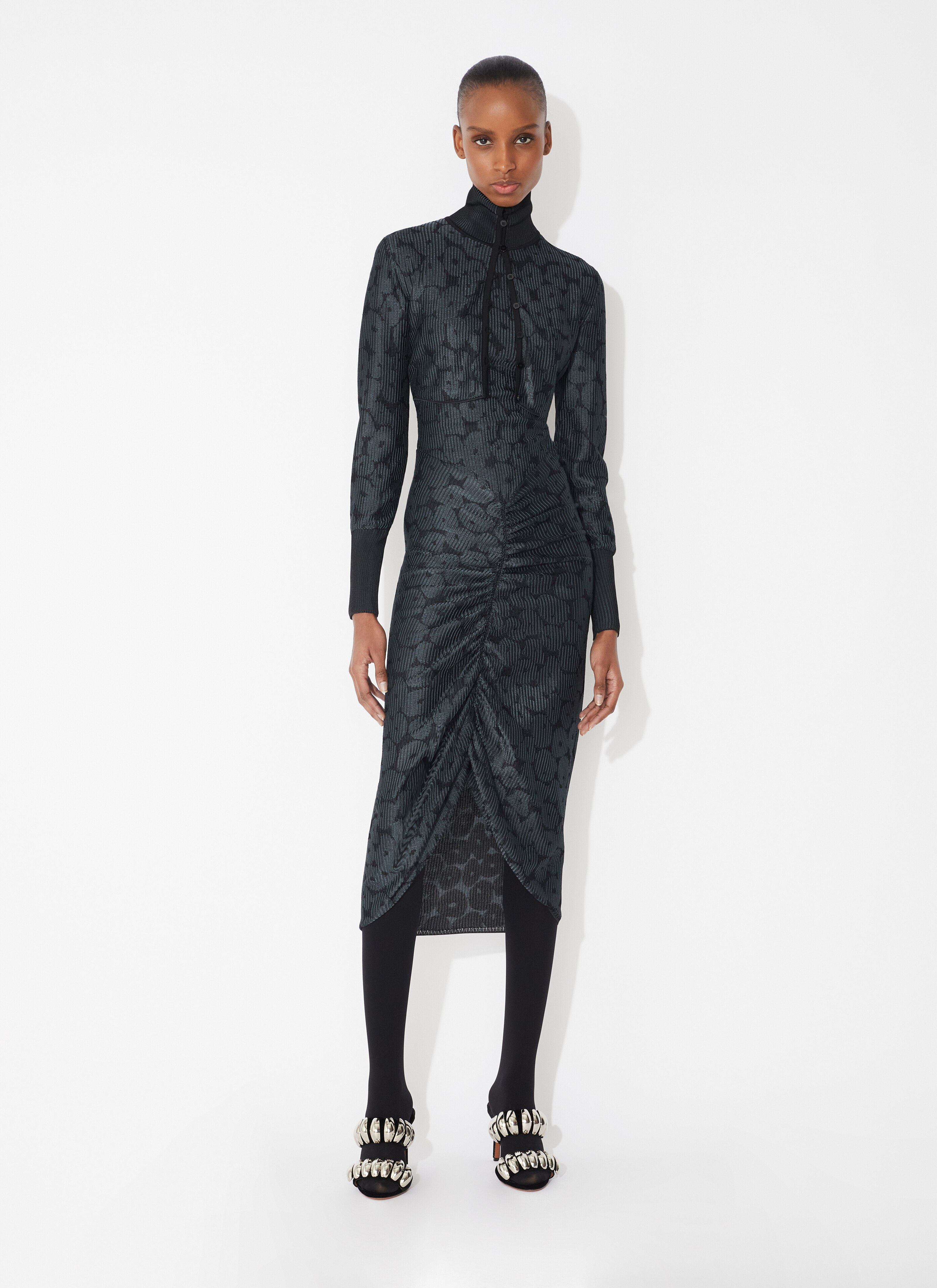 ALAÏA BLACK JACQUARD DRAPED DRESS  