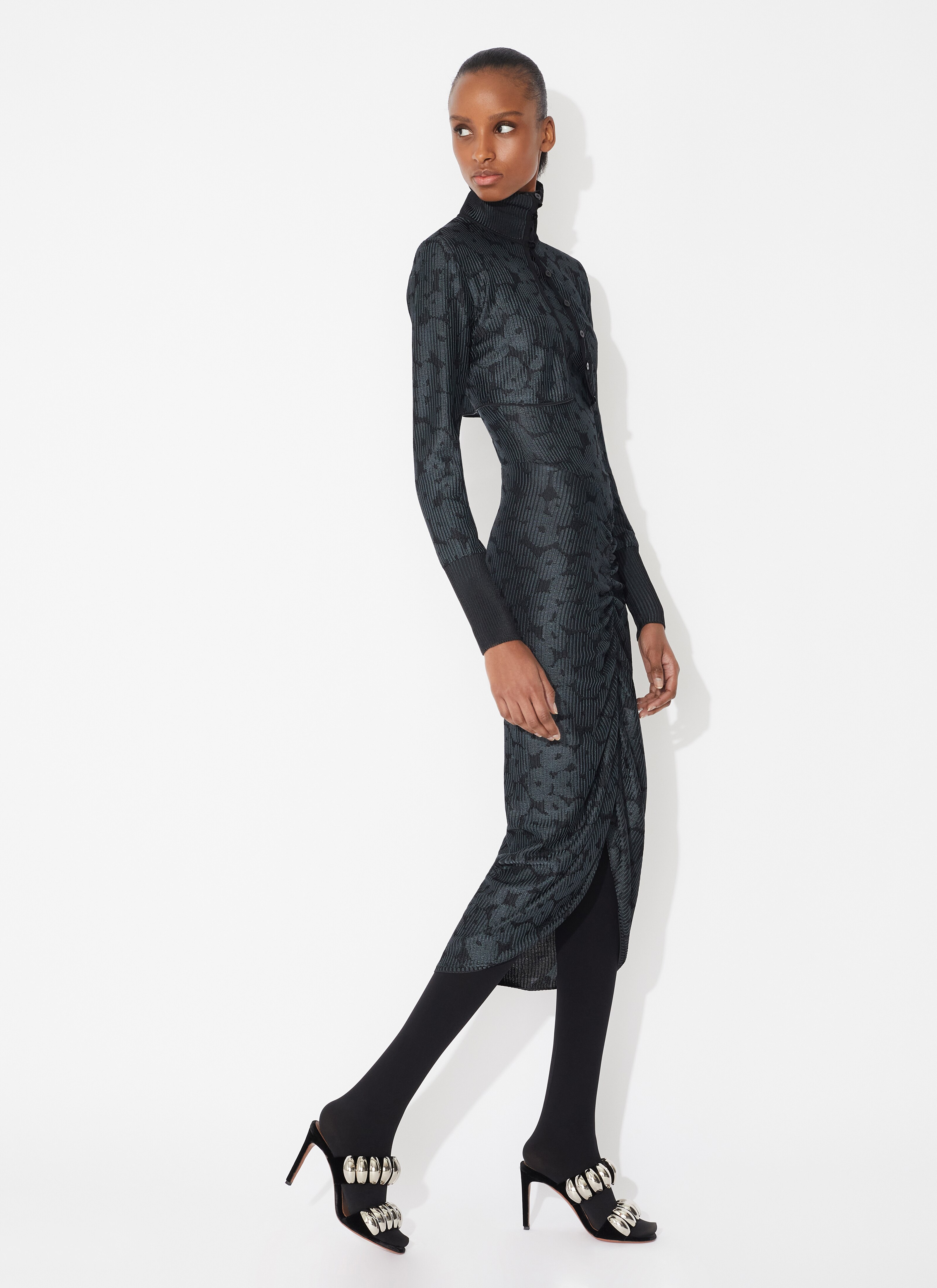 ALAÏA BLACK JACQUARD DRAPED DRESS  