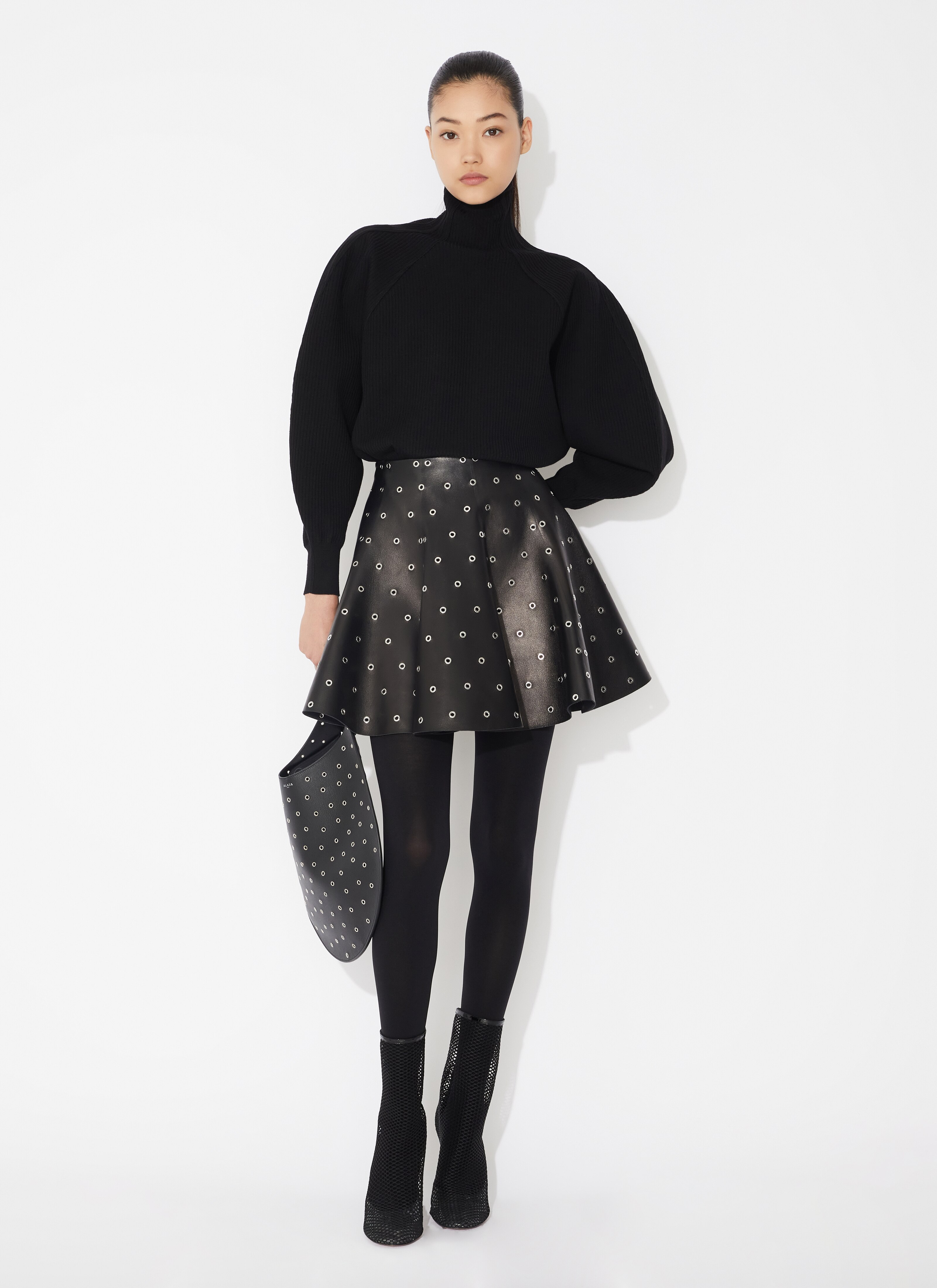 ALAÏA BLACK WOOL RIB HIGH NECK JUMPER